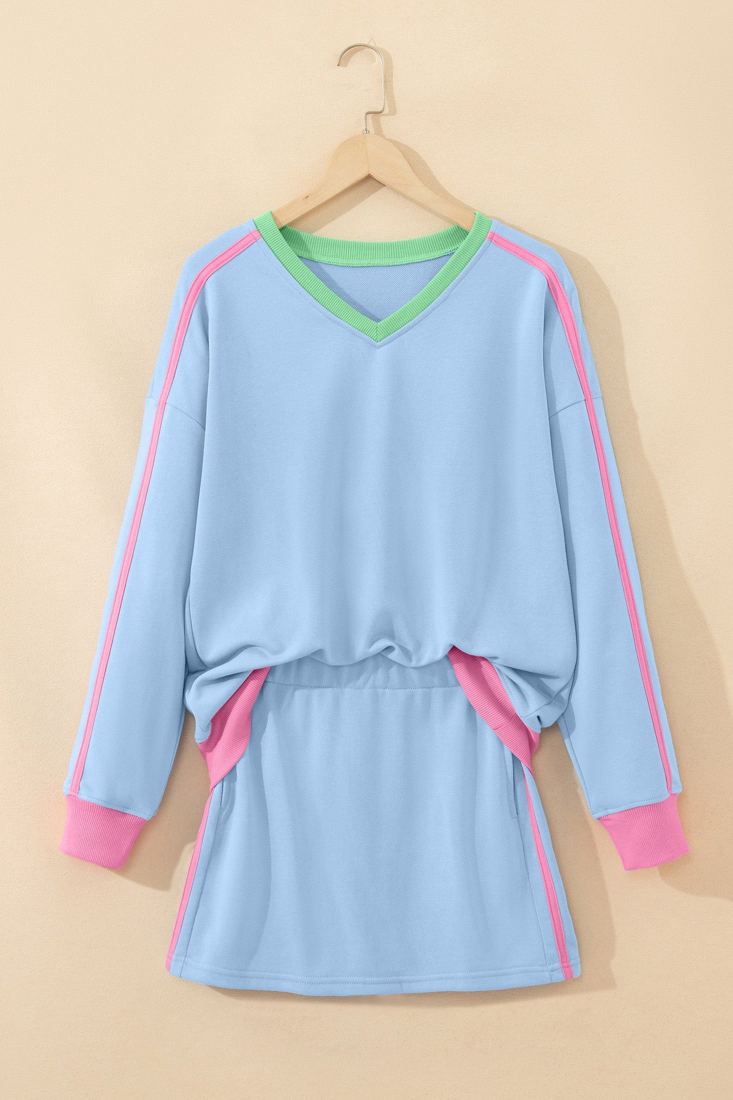 Colorblock Ribbed V-Neck & Skort Athleisure Set