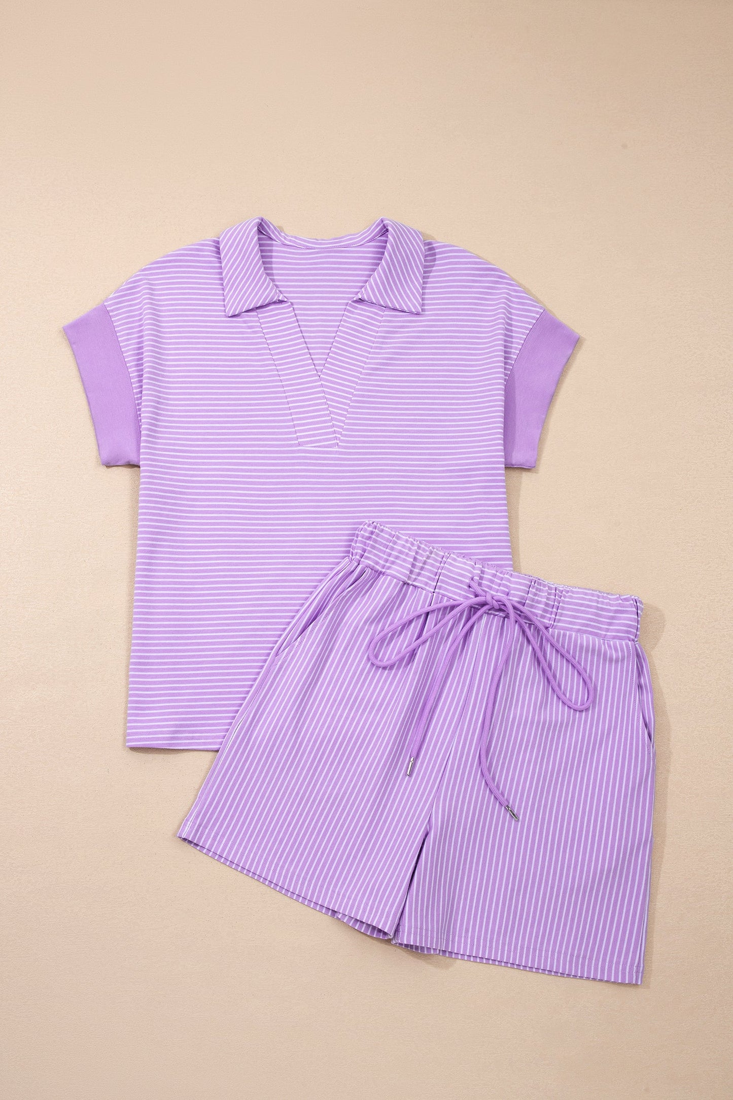 Stripe Dolman Sleeve Polo Shirt & Drawstring Shorts Set