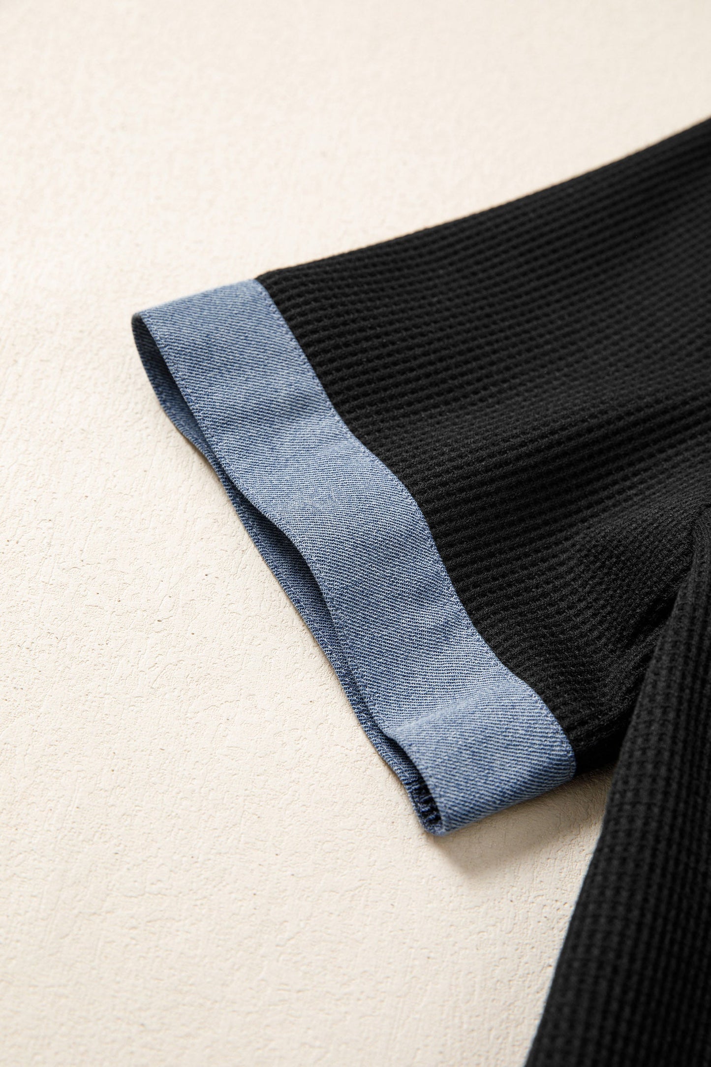 Colorblock Denim Waffle Knit Patchwork Polo Top