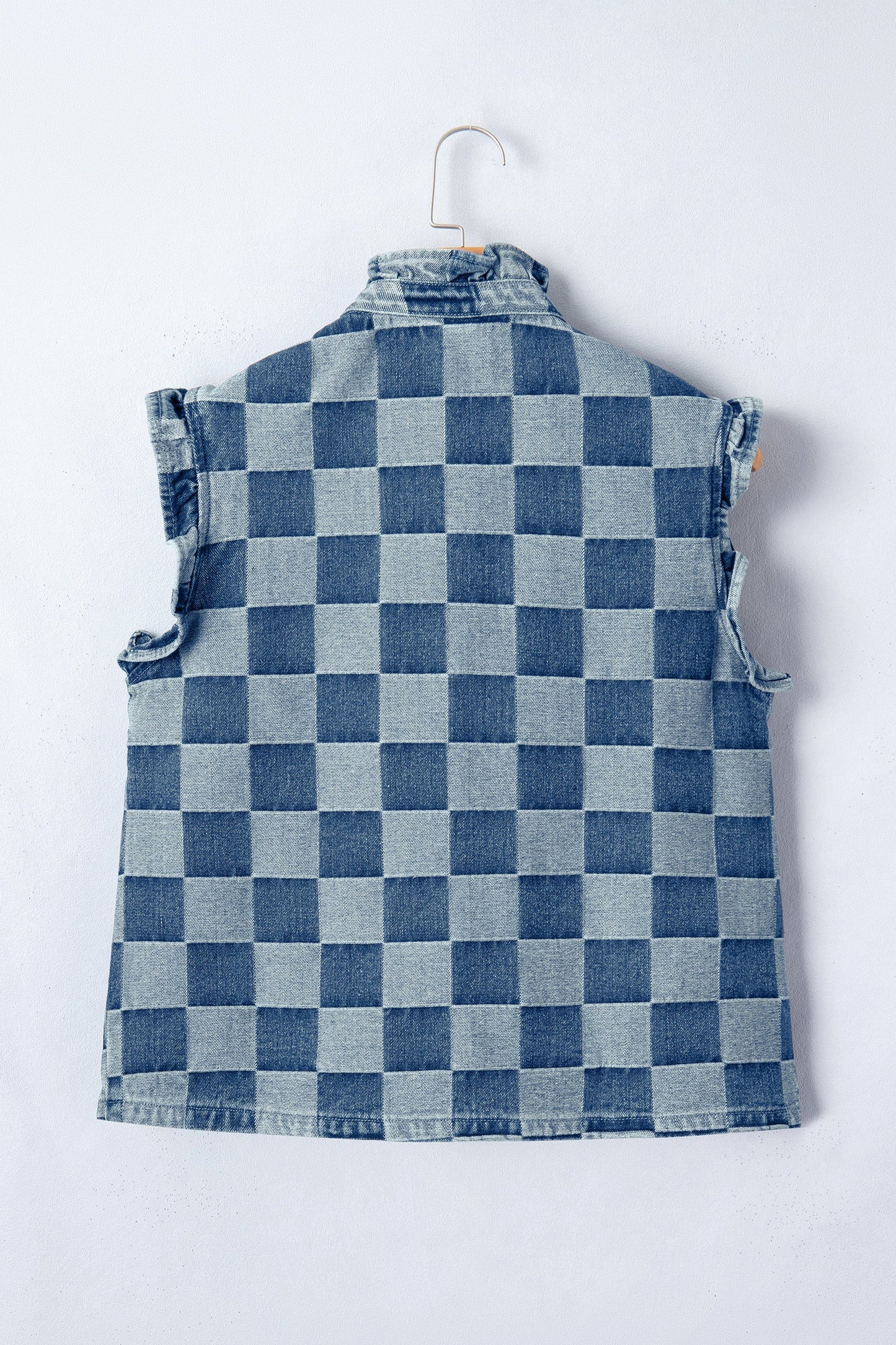 Checker Ruffle Trim Button Down Denim Vest