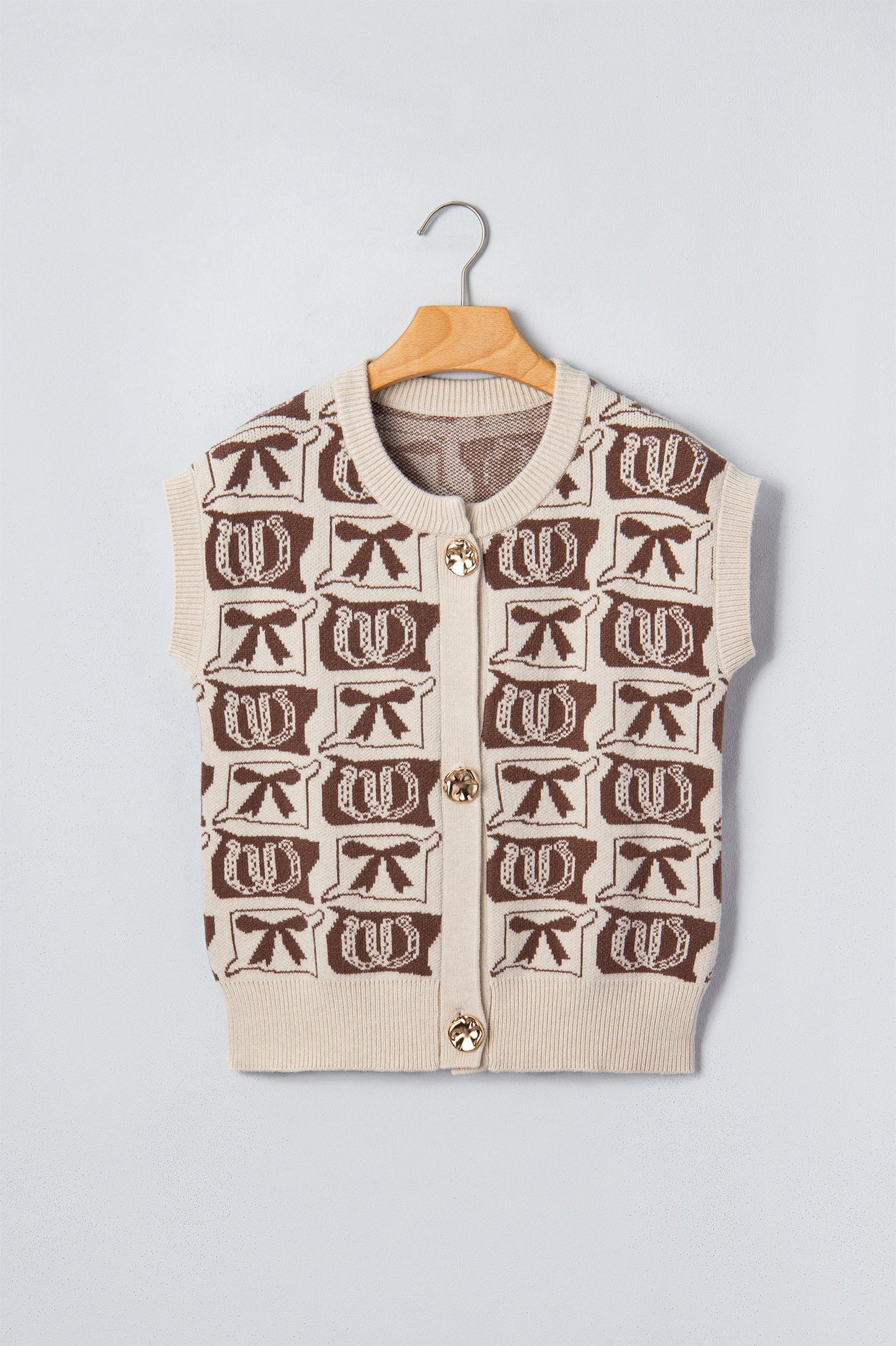 Western Horseshoe Bow Pattern Button Front Sleeveless Knit Top