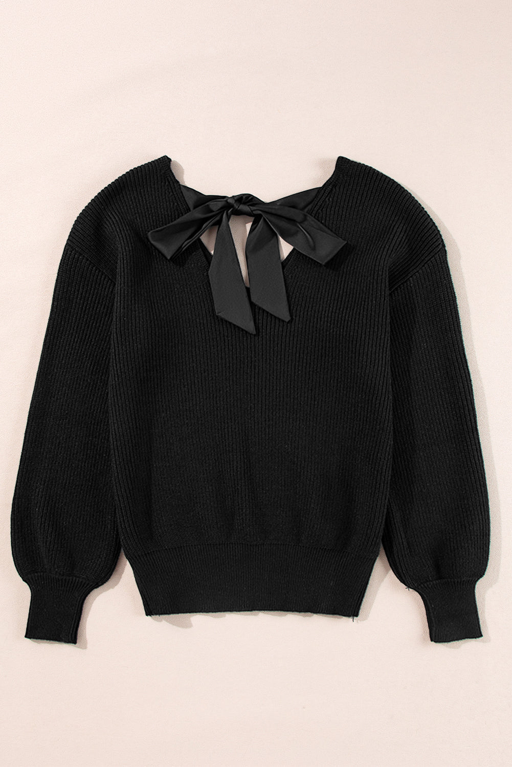 Bow Back  Lantern Sleeve V-Neck Sweater