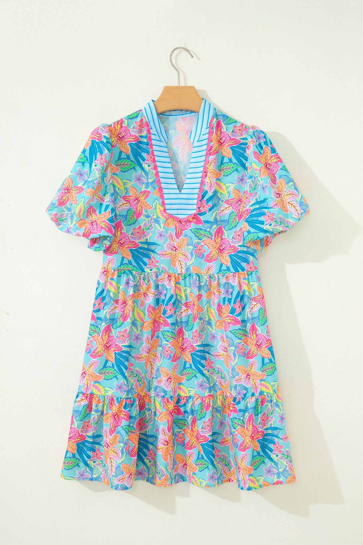 Floral Stripe Scallop Trim V-Neck Tiered Dress