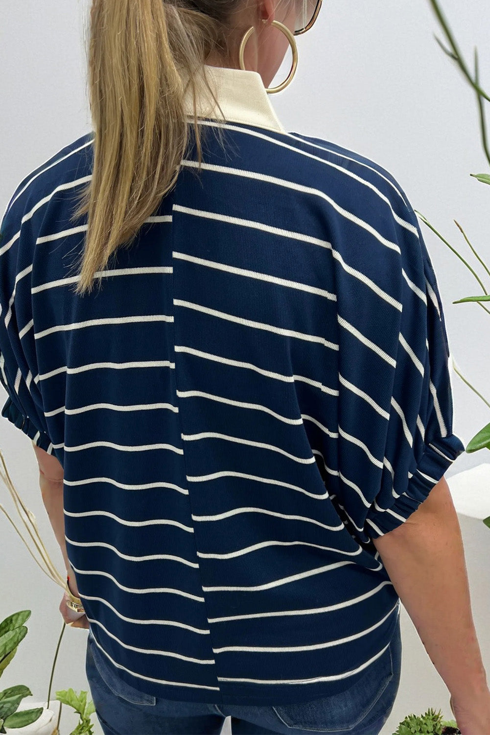 Stripe Stand Collar V-Neck Dolman Sleeve Top