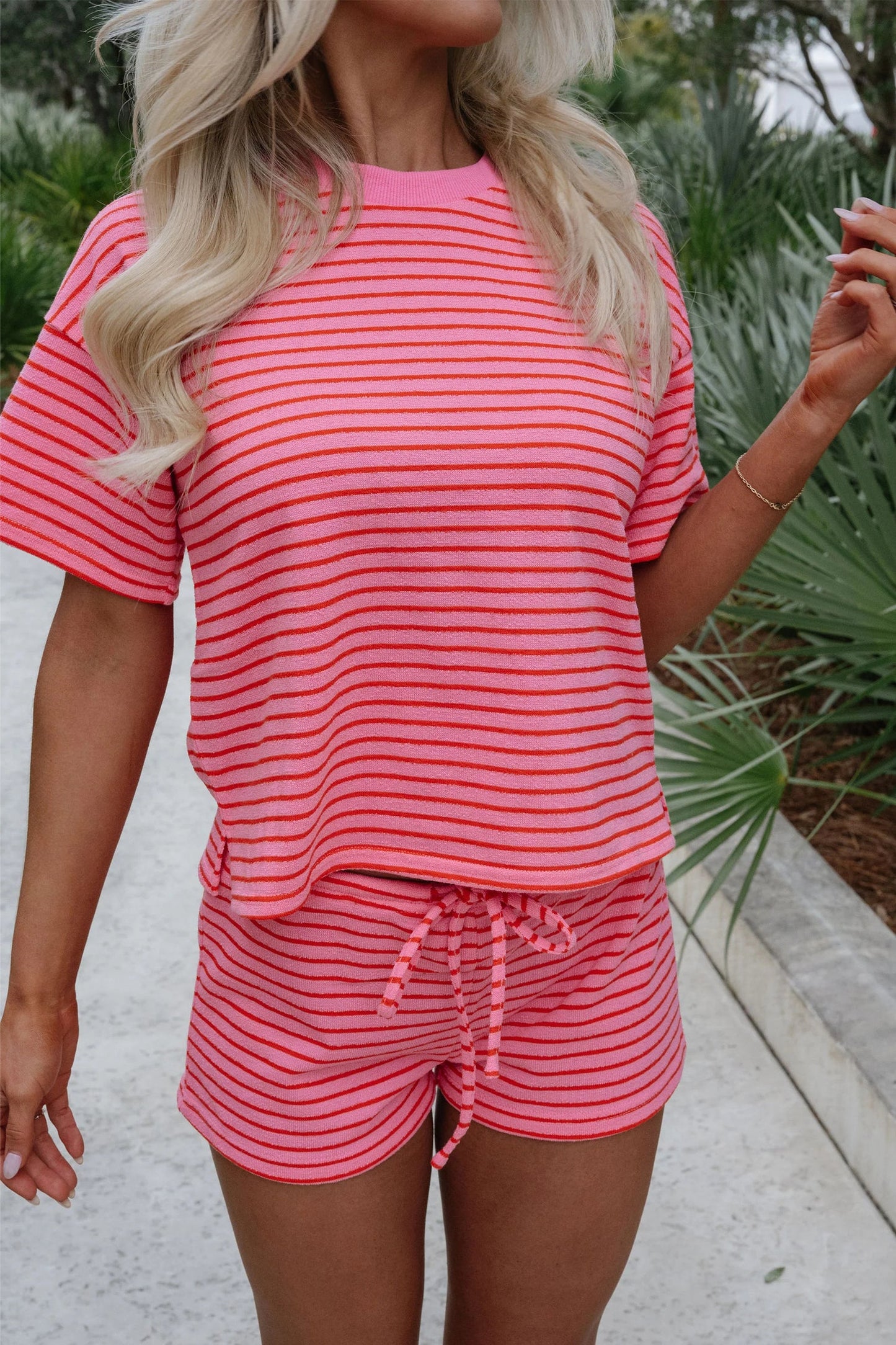 Stripe Side Split Tee & Drawstring Shorts Set