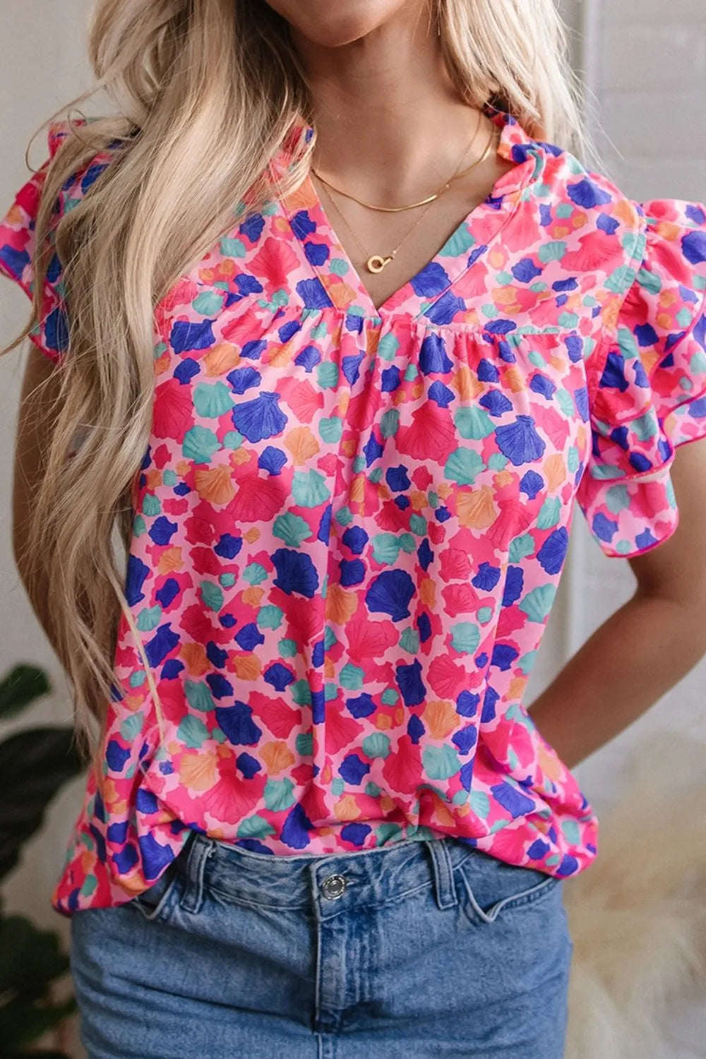 Abstract Print Ruffled Sleeve Notched Blouse