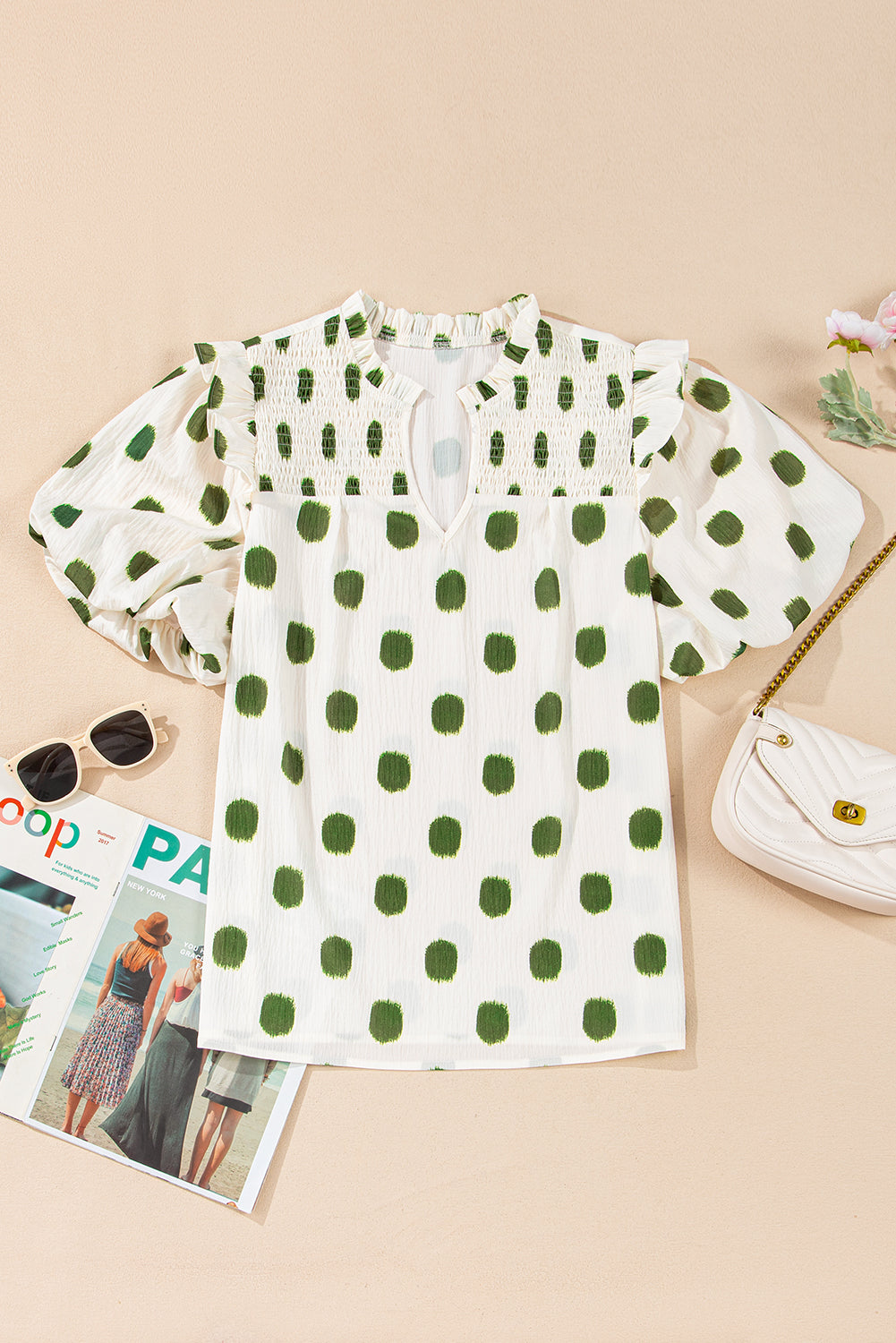 Notched Neck Shirred Yoke Balloon Sleeve Blouse