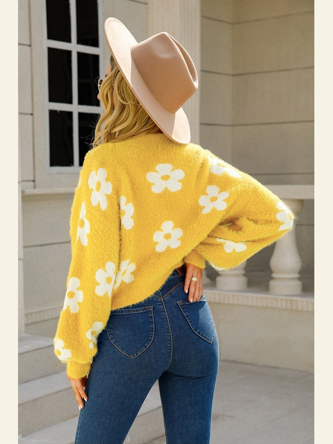 Women Floral Open Front Fuzzy Cardigan Sweater