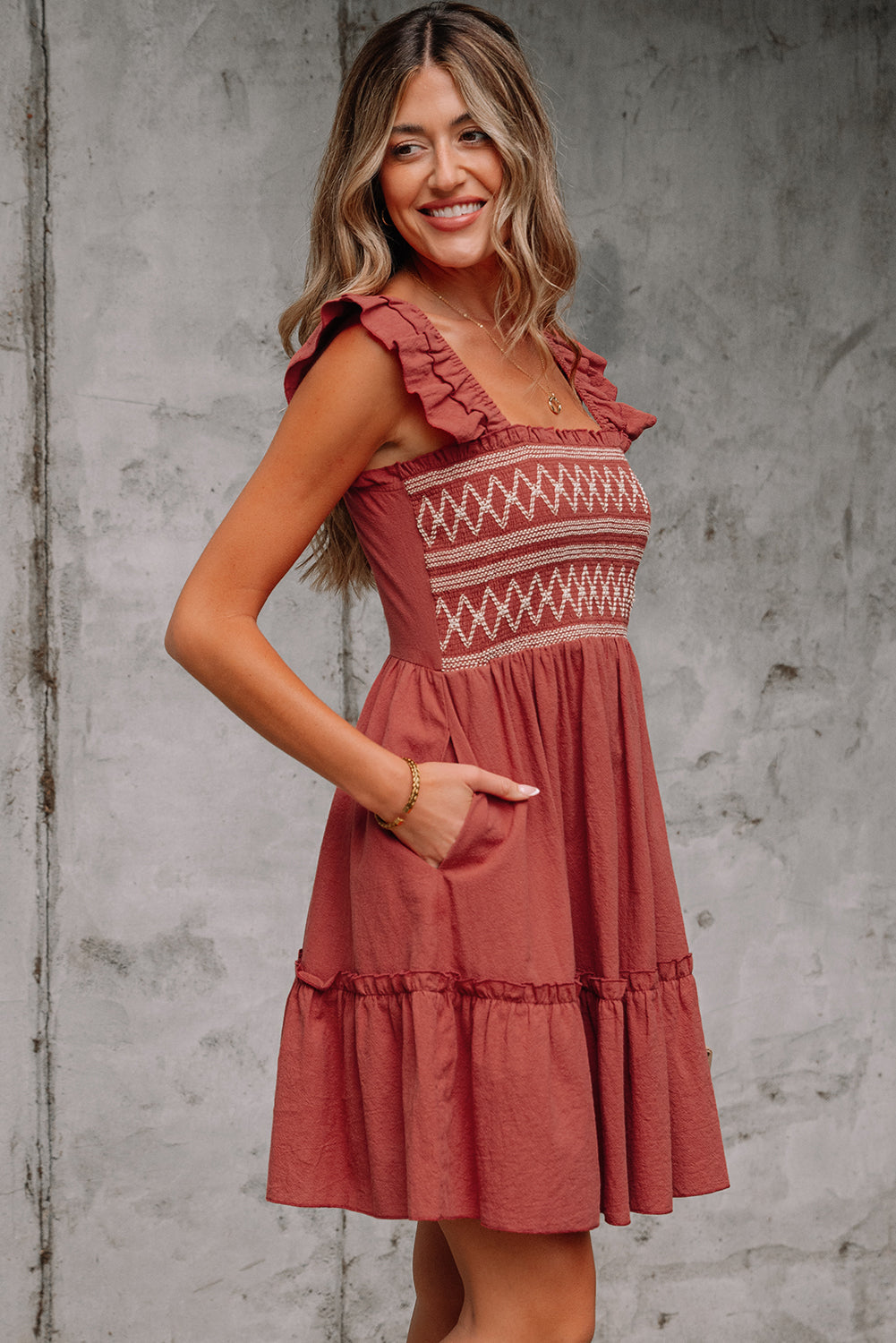 Geometric Embroidered Ruffle Mini Dress