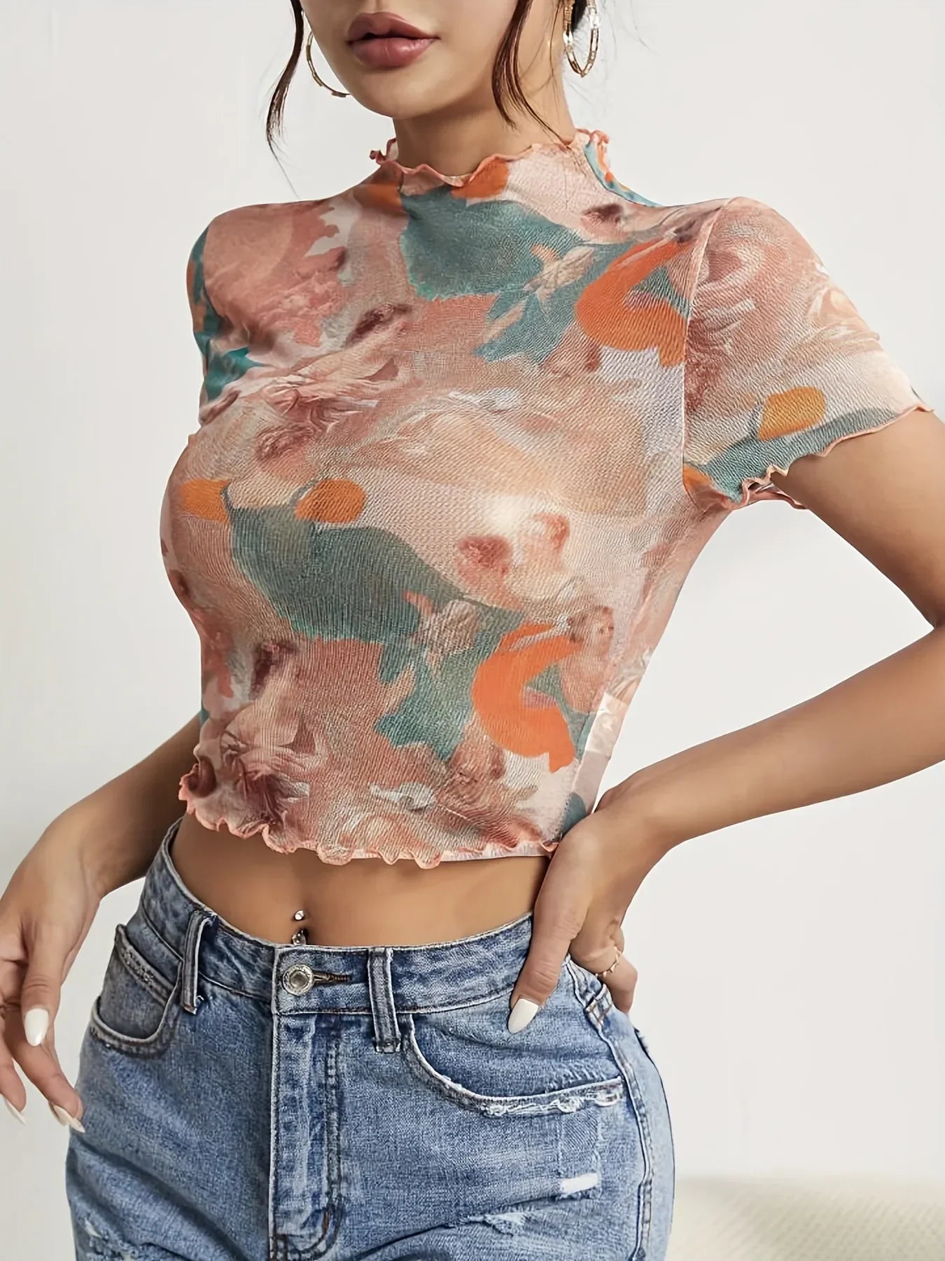 Abstract Print Ruffled Mock Neck Crop T-Shirt | Trendy Streetwear – Bona Fide Fashion
