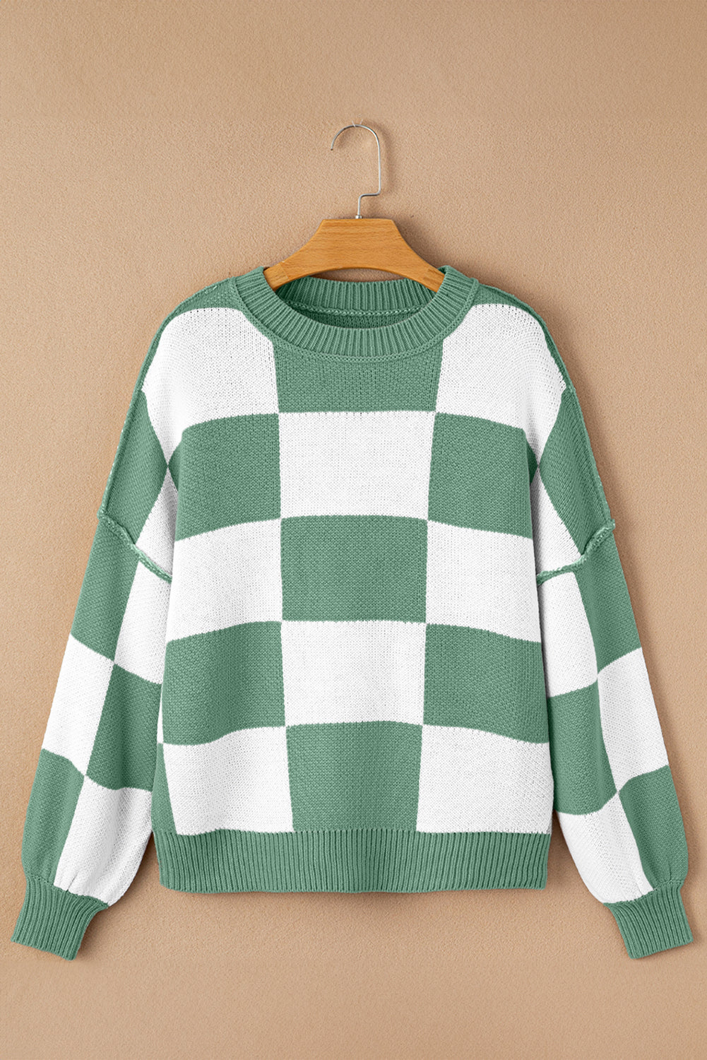 Checker Exposed Seam Drop Shoulder Long Sleeve Sweater