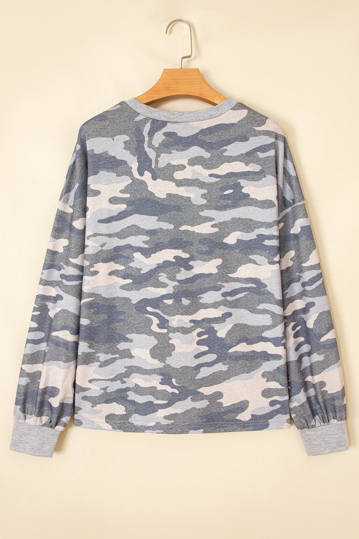 Camo Long Sleeve Round Neck Shift Pullover Top