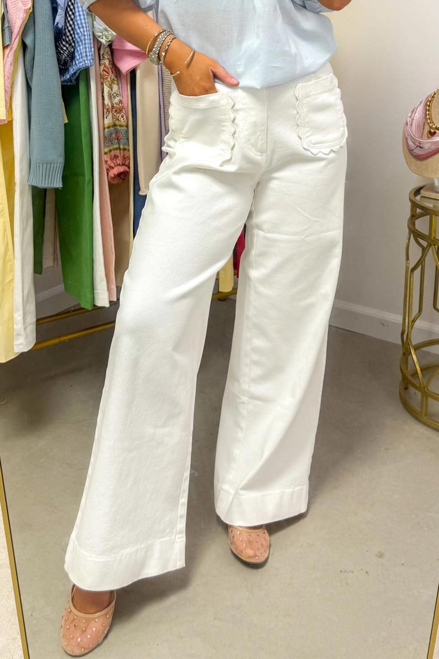 Solid Denim Scalloped Patch Pocket Shift Jeans