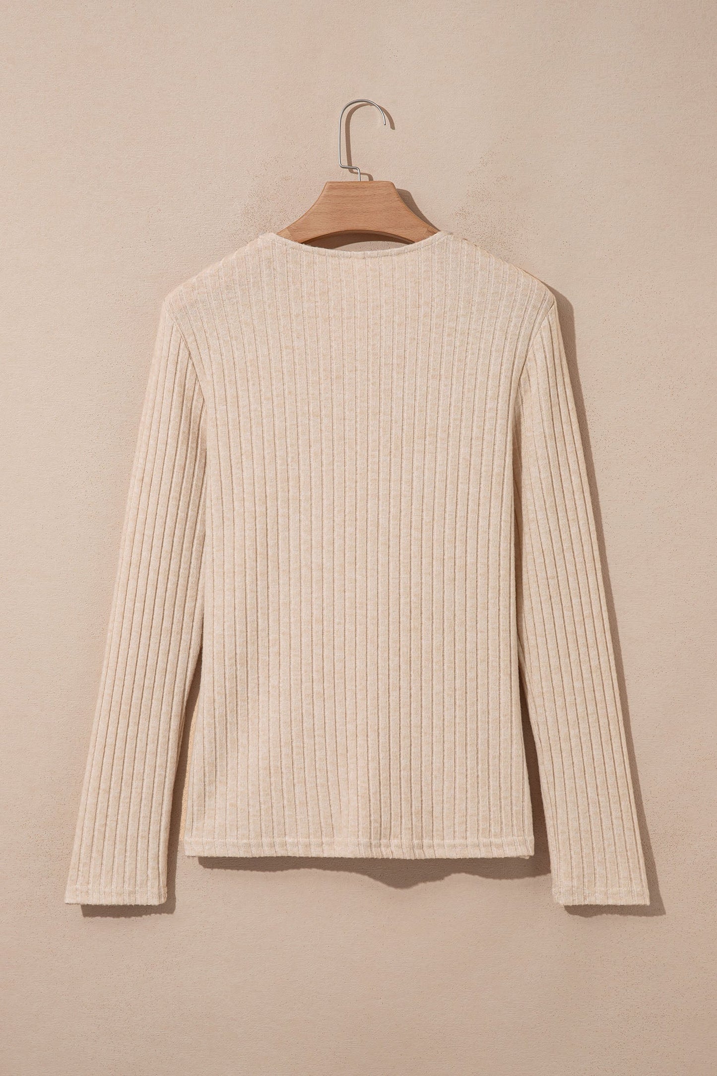 Solid Ribbed Knit Cowl Neck Long Sleeve Top