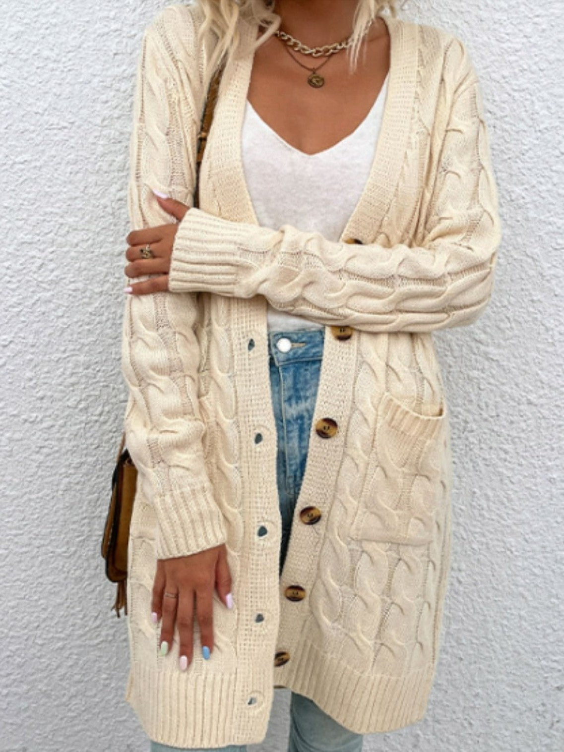 Women Cable-Knit Button Down Cardigan with Pockets