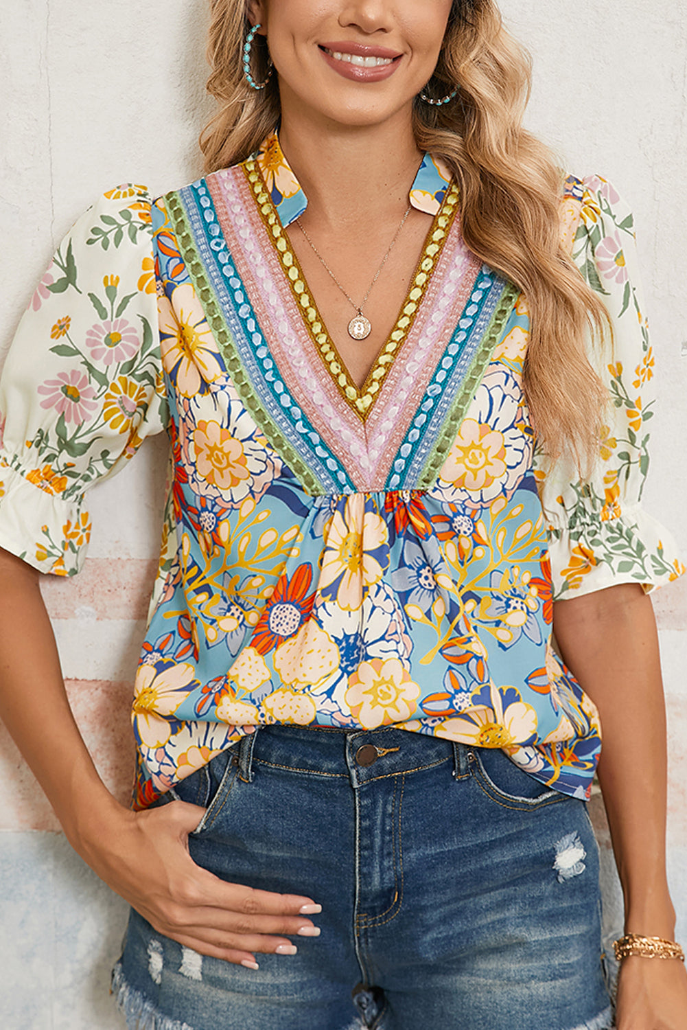 Boho Floral Crochet V-Neck Blouse