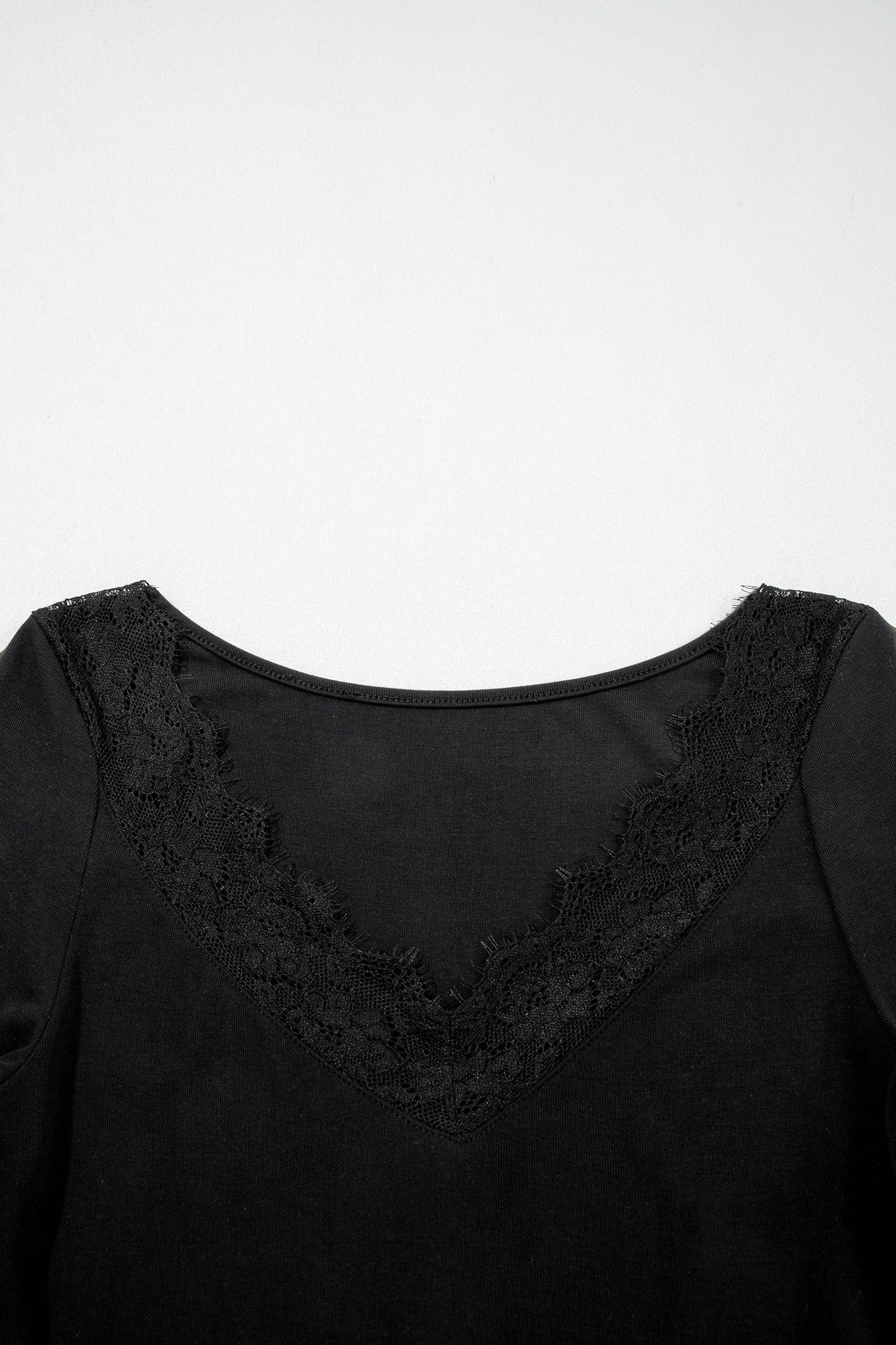 Solid Lace Trim V-Neck Long Sleeve Top