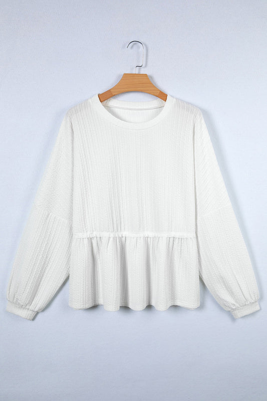 Solid Textured Drop Shoulder Peplum Top