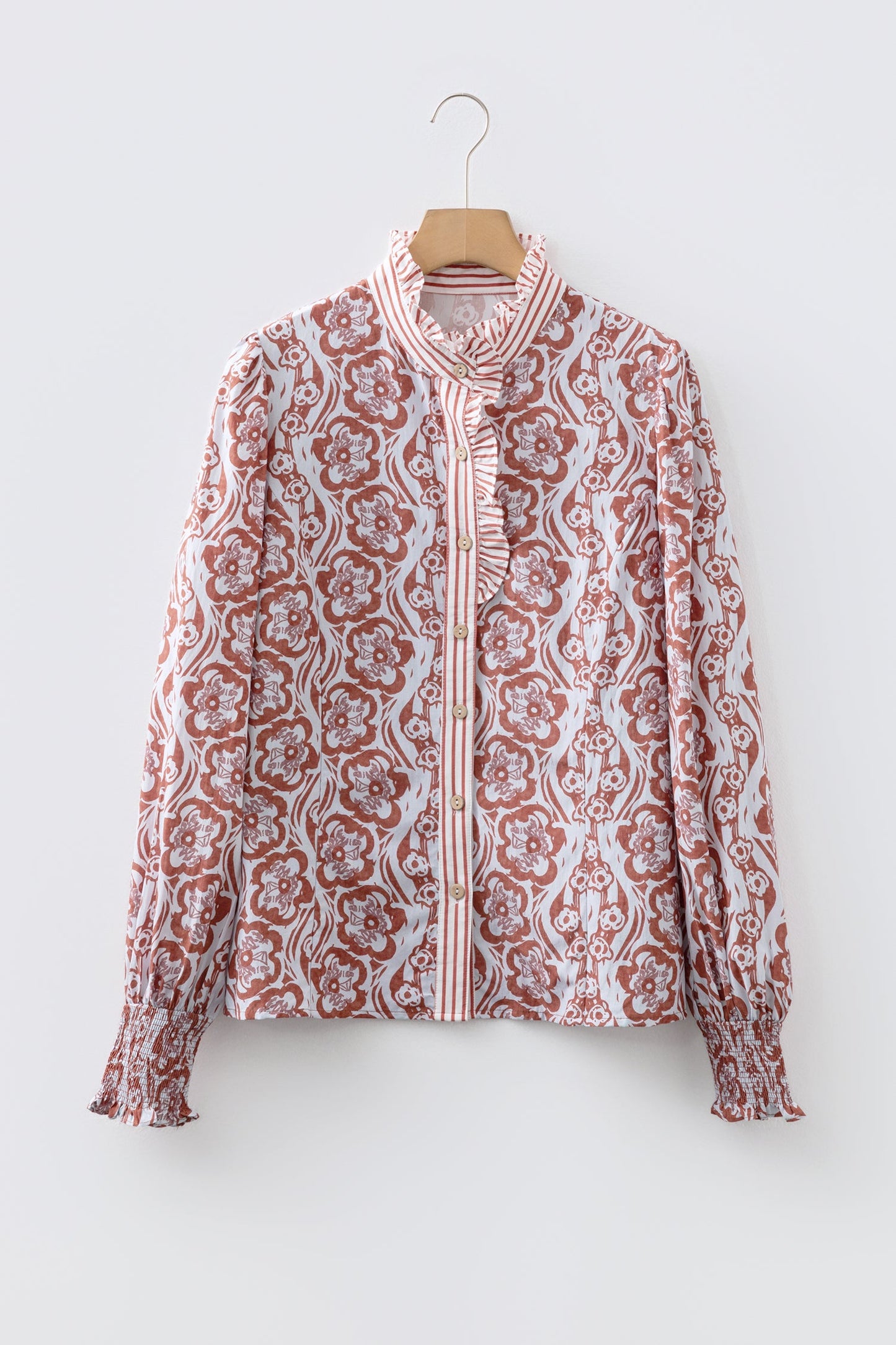 Floral Frilled Stripe Trim Long Sleeve Shirt