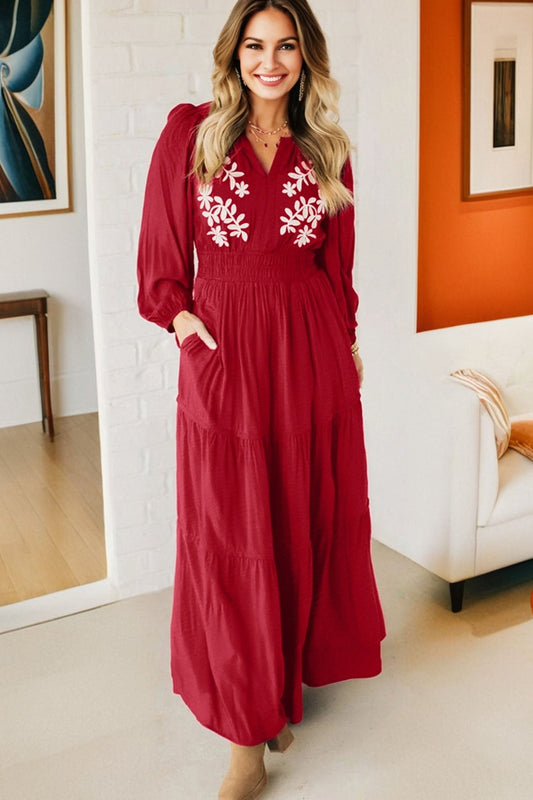 Floral Embroidered Long Sleeve Tiered Maxi Dress