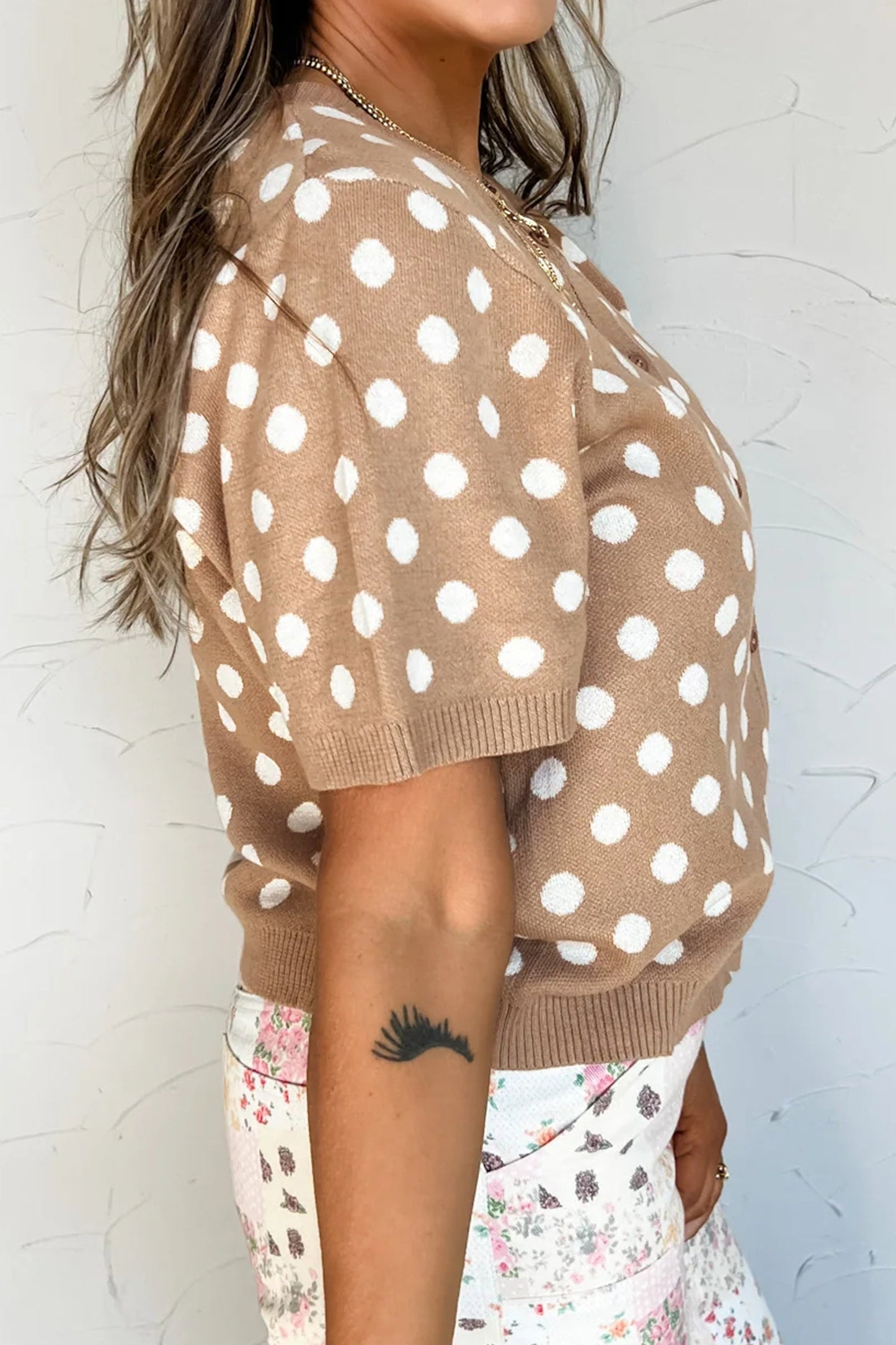 Polka Dot Short Sleeve Buttoned Sweater Cardigan