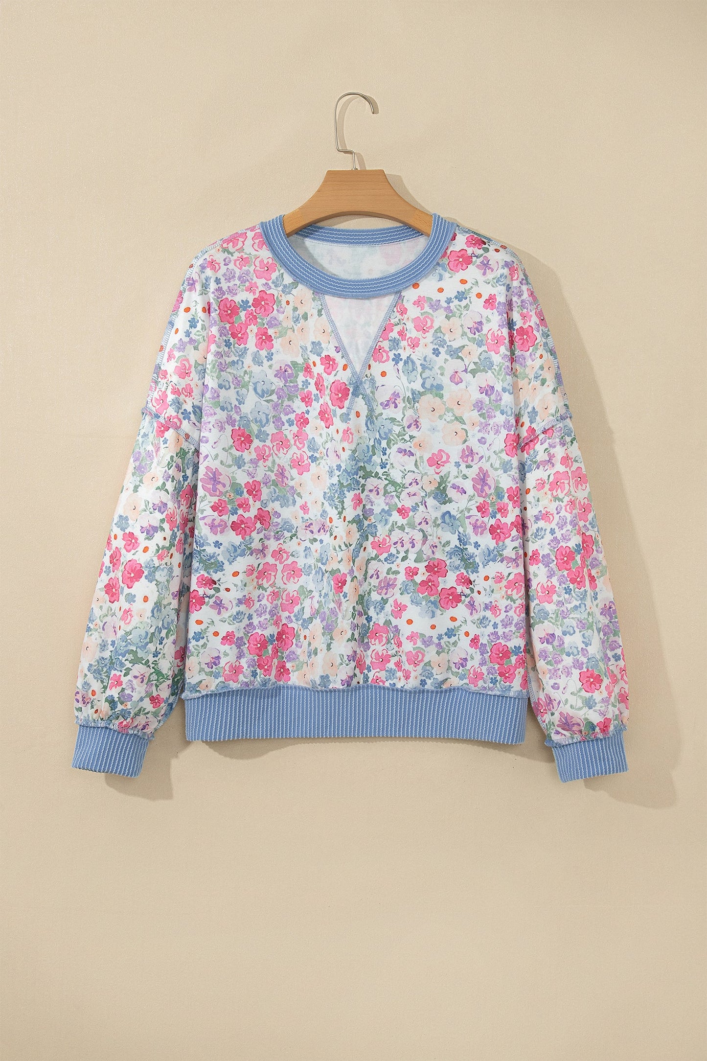 Floral Reverse Seam Drop Shoulder Long Sleeve Top