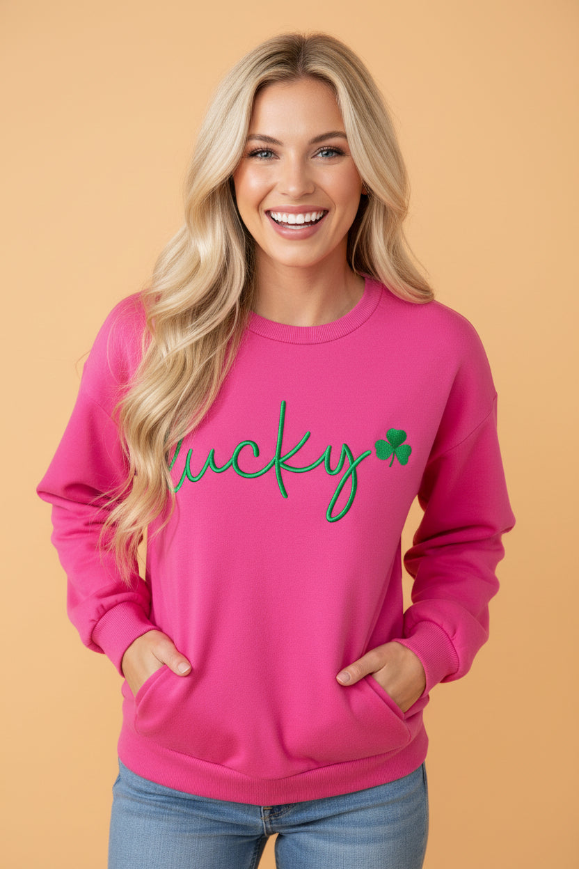 St Patrick Lucky Clover Embroidered Pullover Sweatshirt