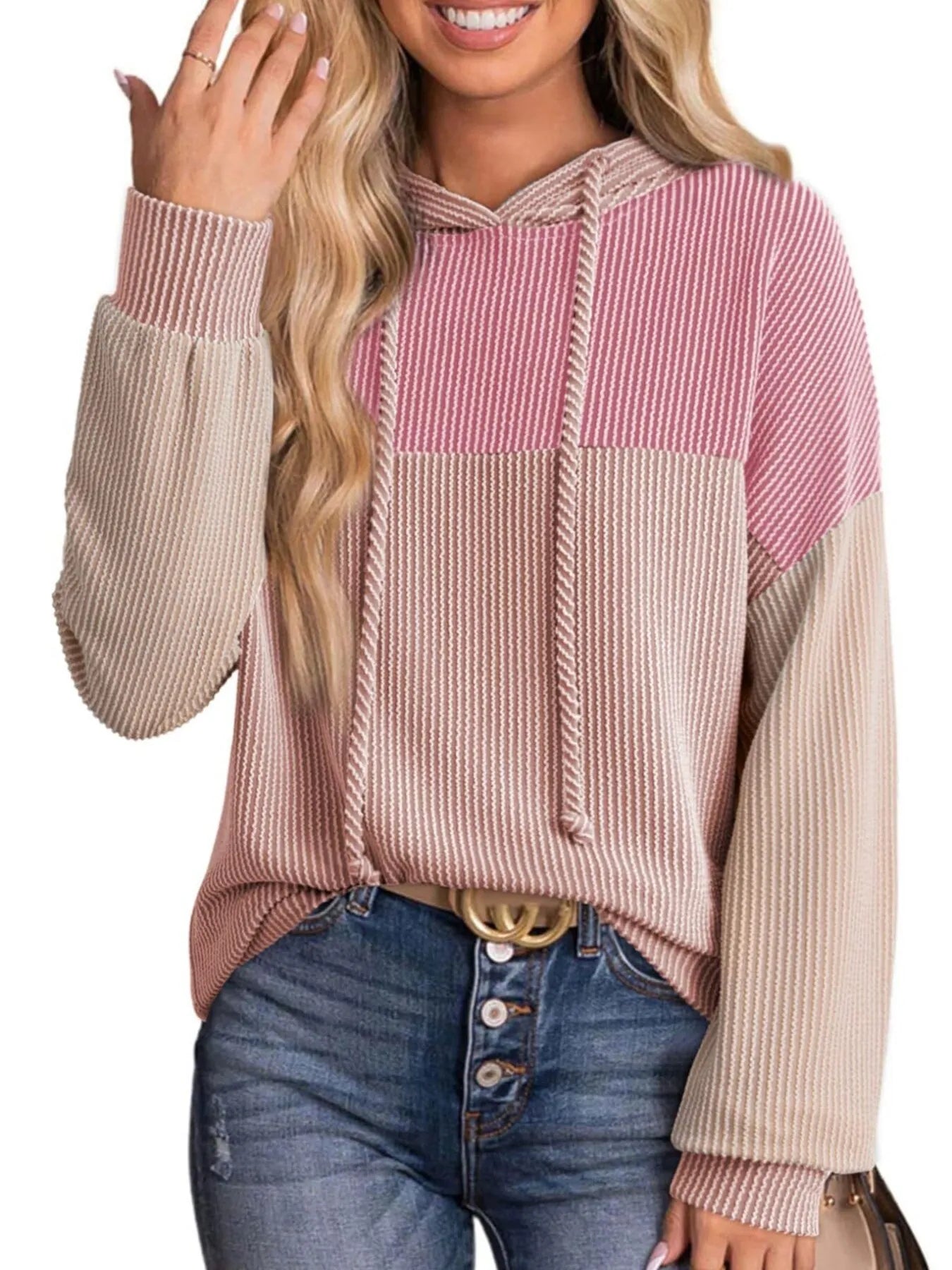 Women Drawstring Color Block Long Sleeve Hoodie