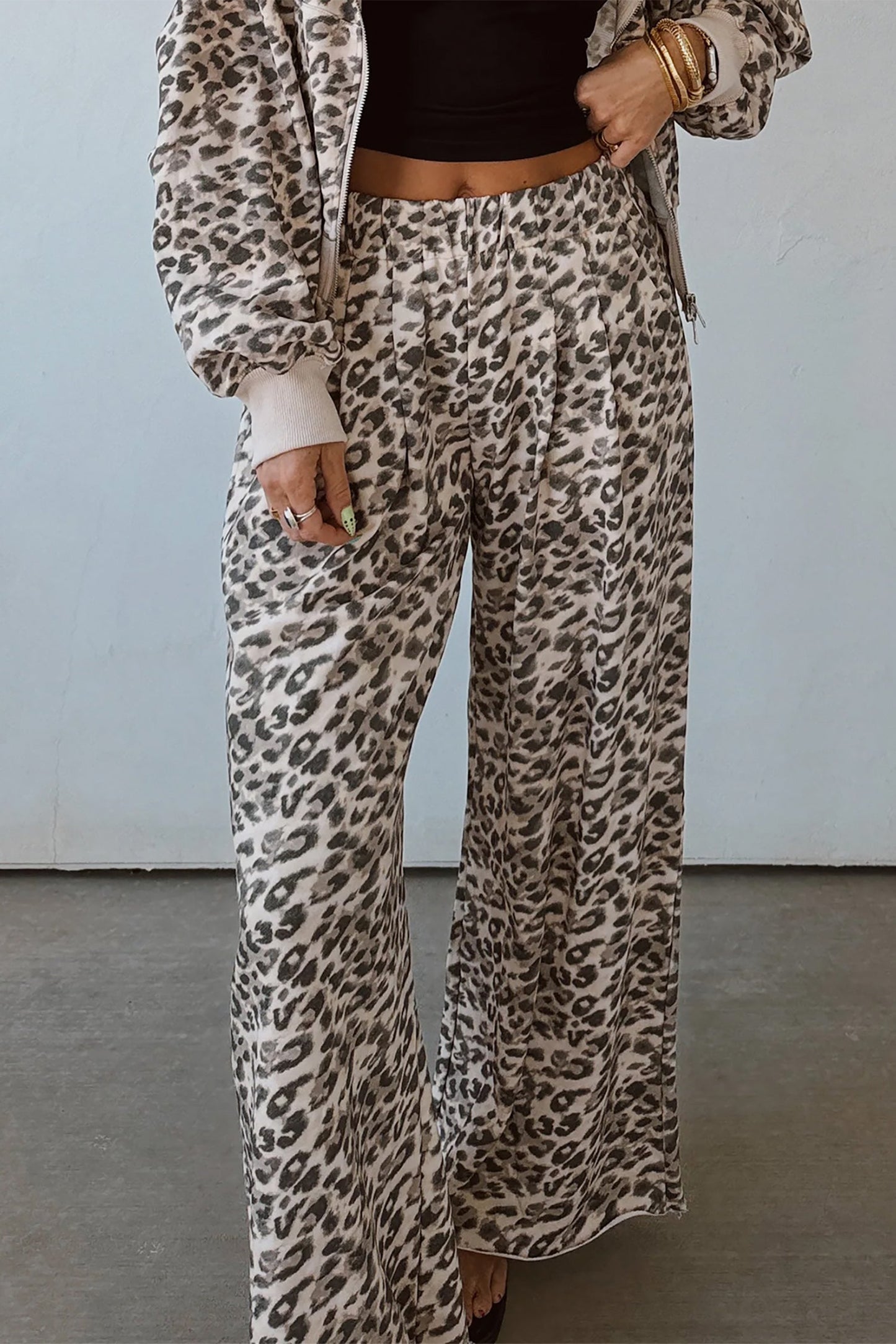 Leopard Elastic Waist Raw Hem Wide Leg Pants