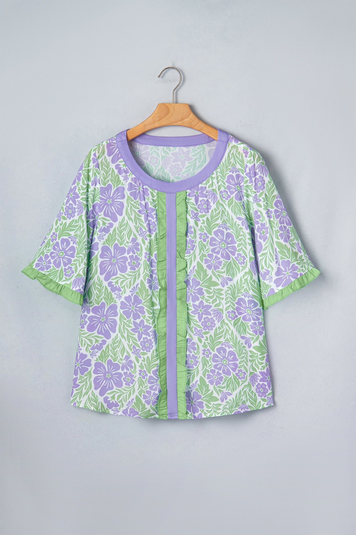 Floral Ruffle Colorblock Trim 3/4 Sleeve Blouse