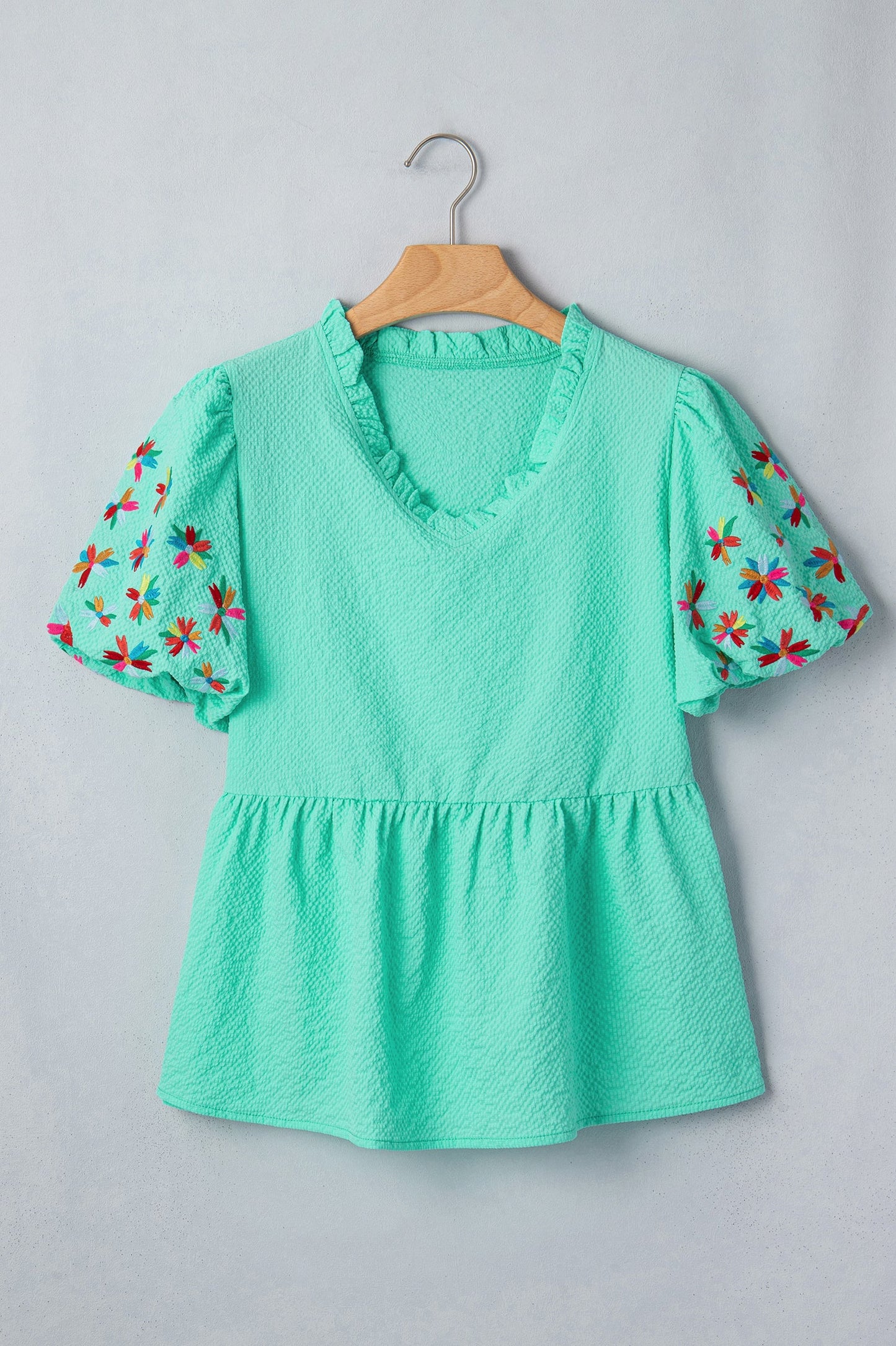 Flower Embroidered Puff Sleeve Frilled V-Neck Blouse