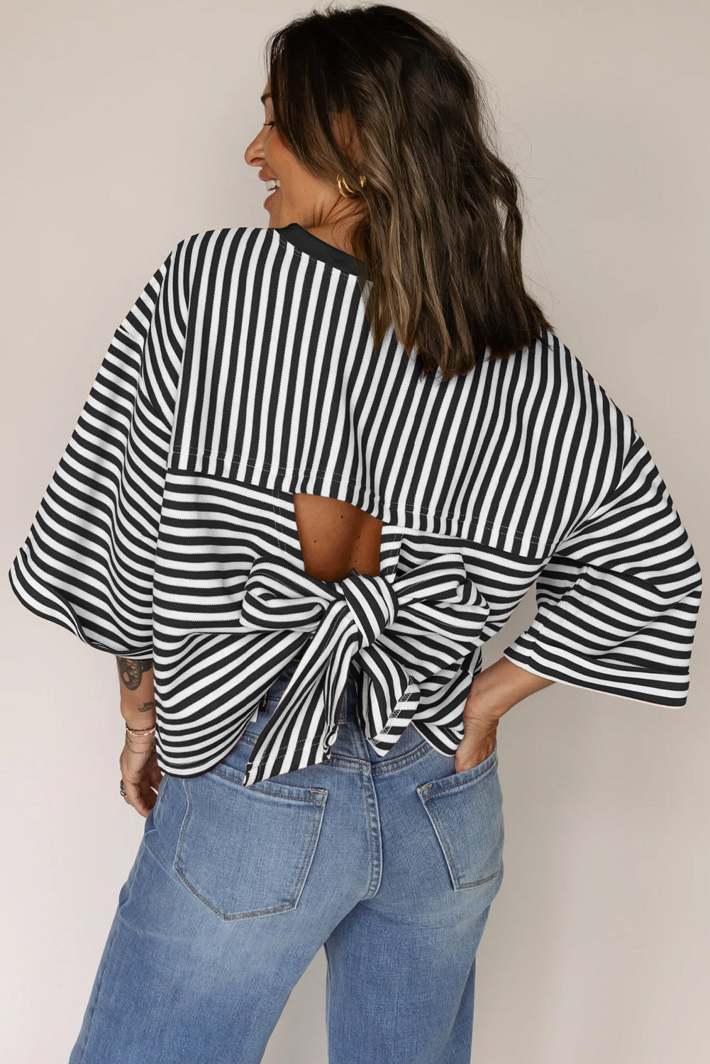 Stripe Bow Back Cutout Tee