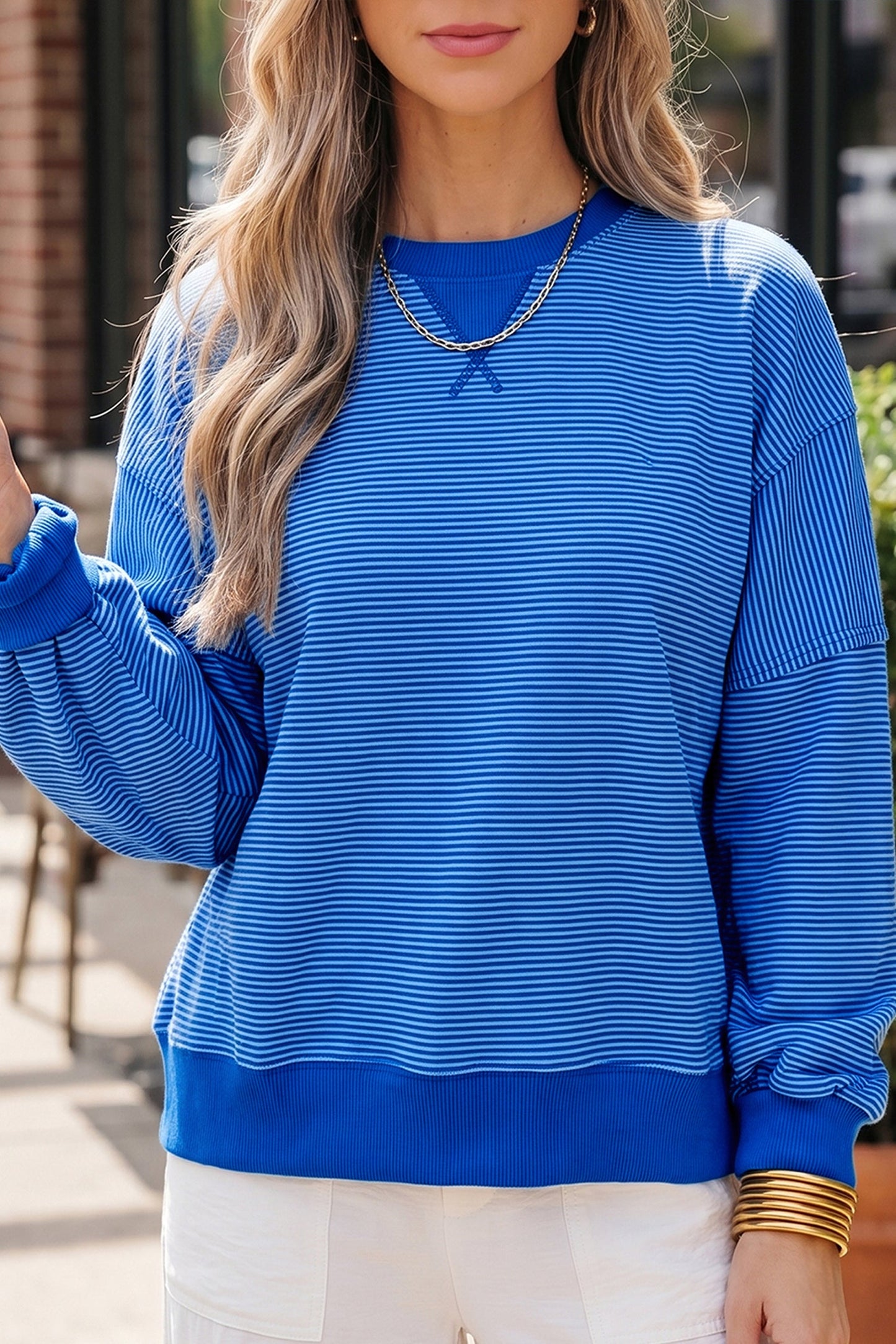 Stripe Ribbed Trim Long Sleeve Pullover Top