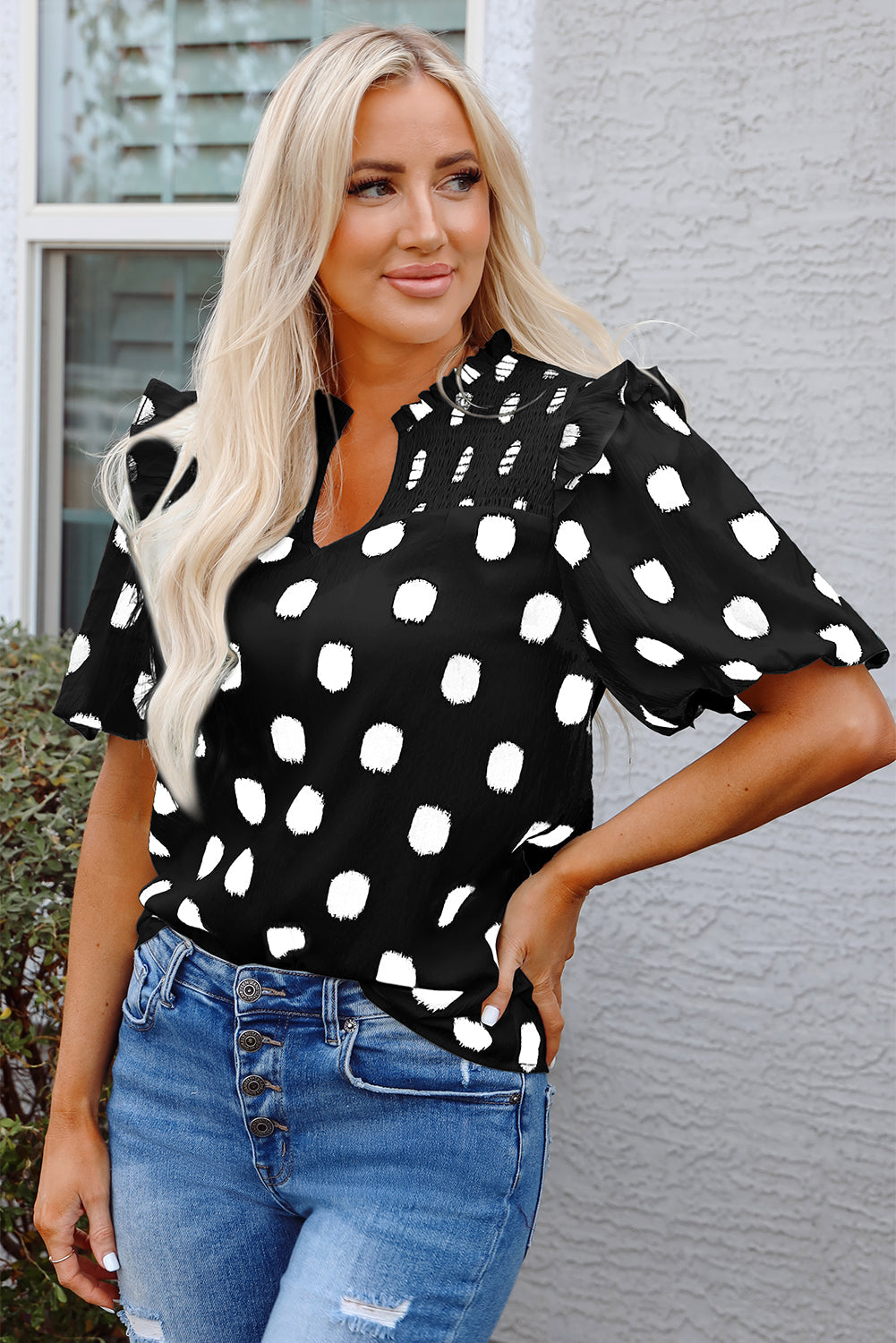 Notched Neck Shirred Yoke Balloon Sleeve Blouse