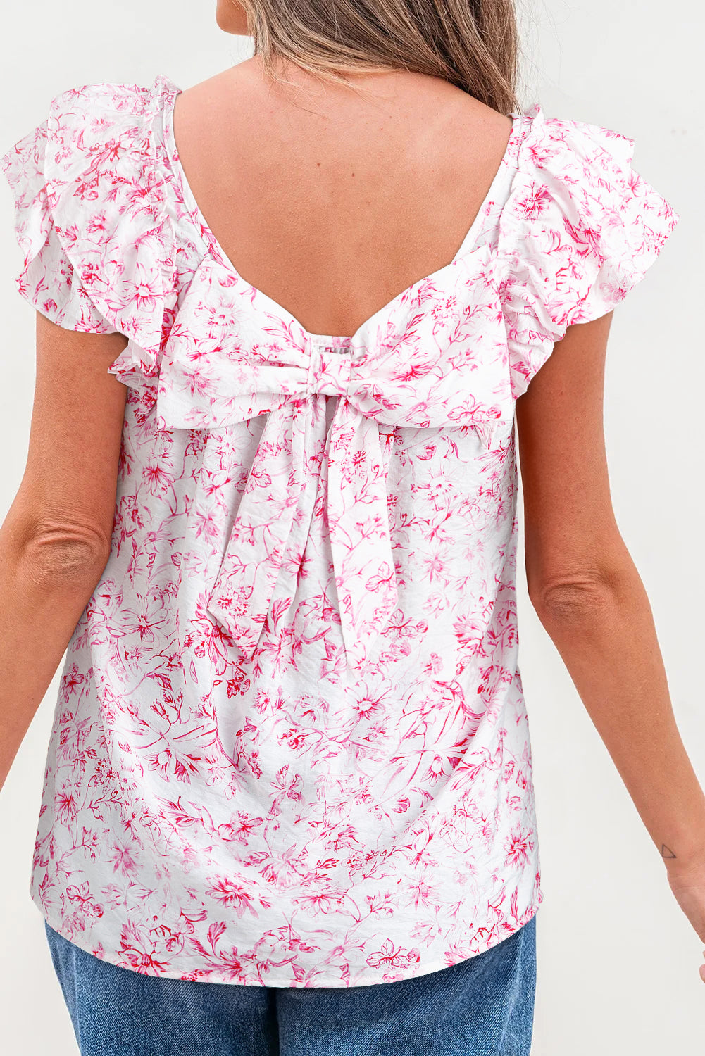 Floral Bow Back Ruffle Sleeve Blouse