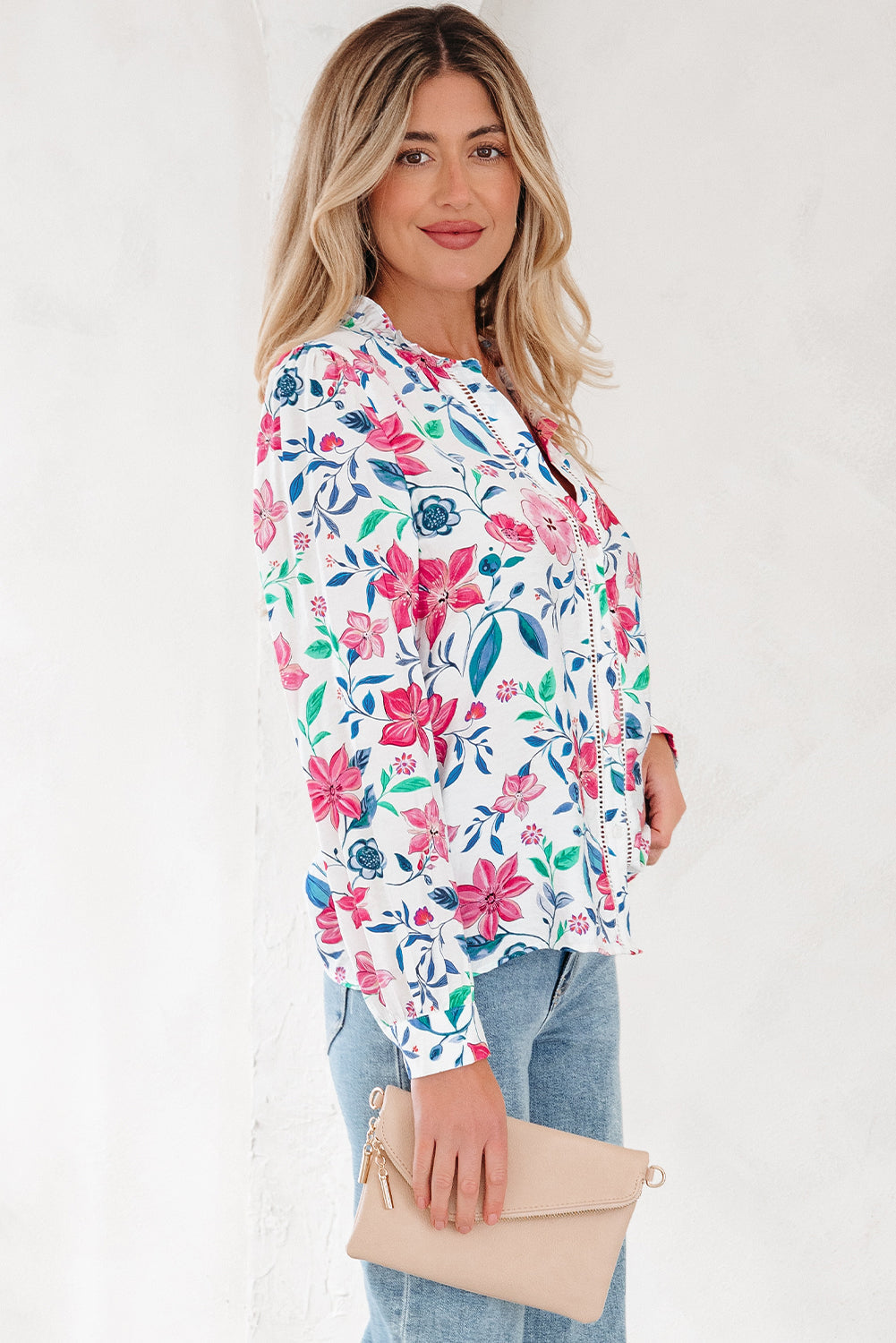 Floral Lace Trim Buttoned Long Sleeve Shirt