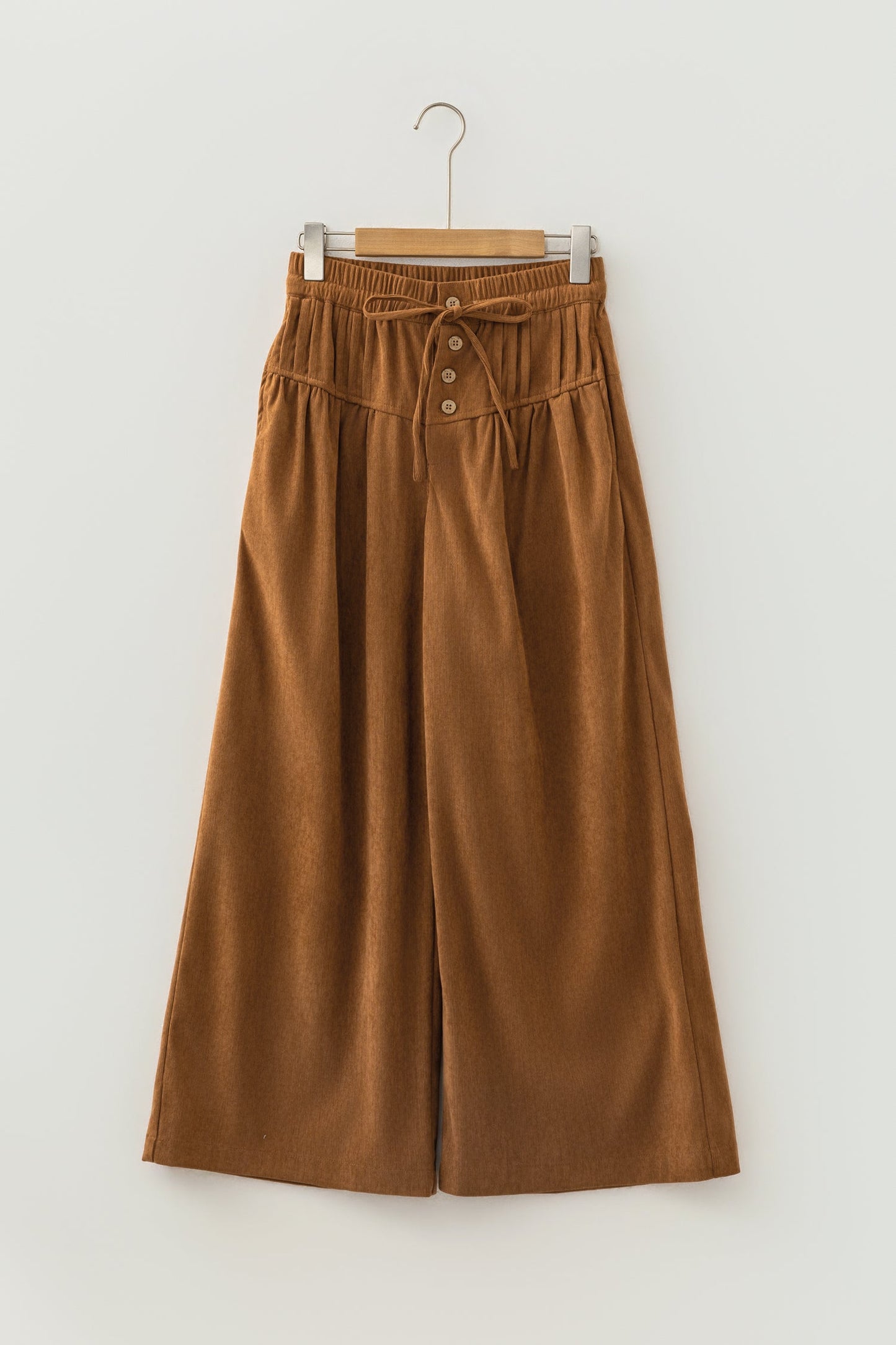 Solid Corduroy Buttoned Elastic Waist Wide Leg Pants