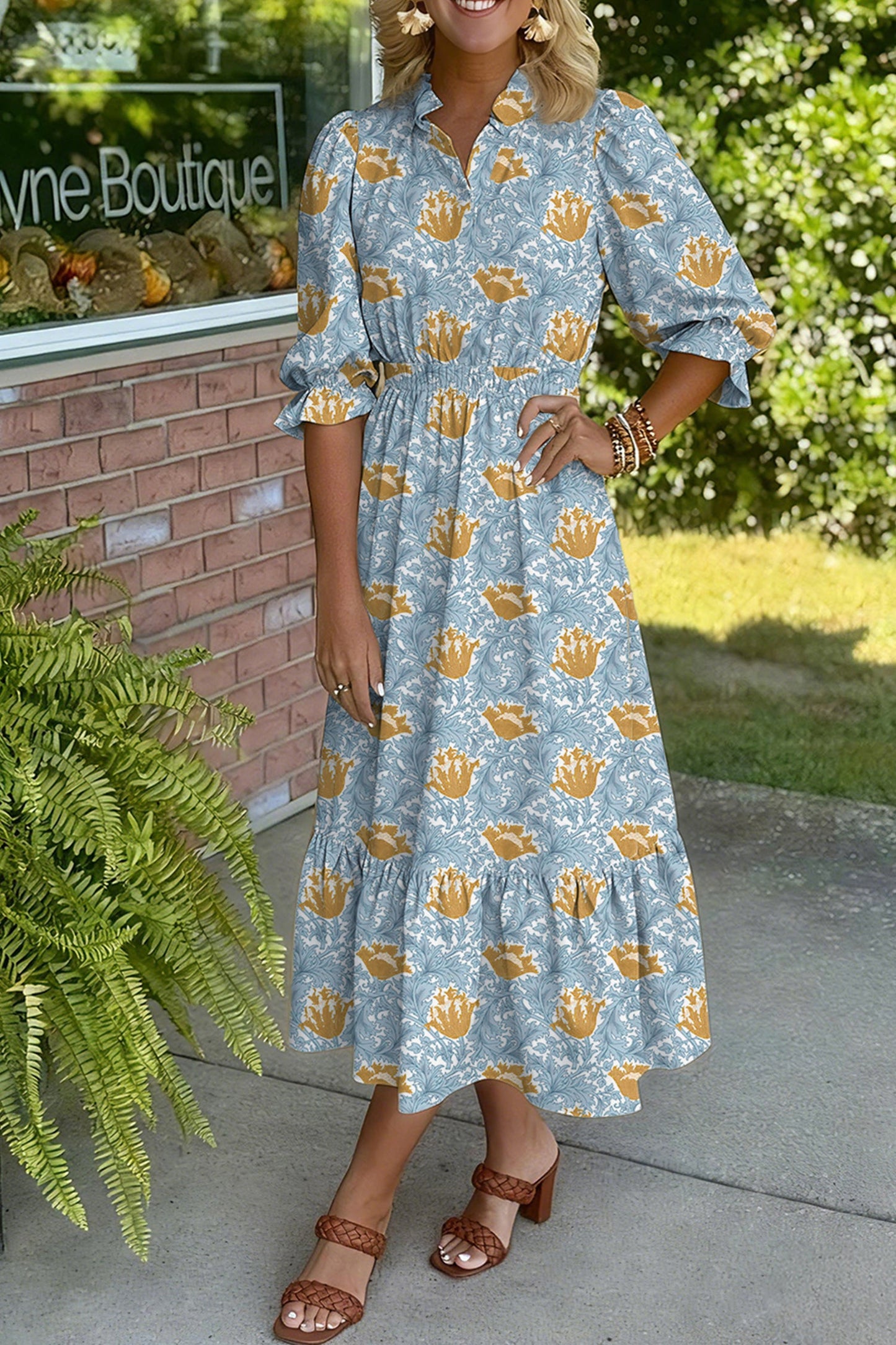 Floral Frilled V-Neck 3/4 Sleeve Midi Dress