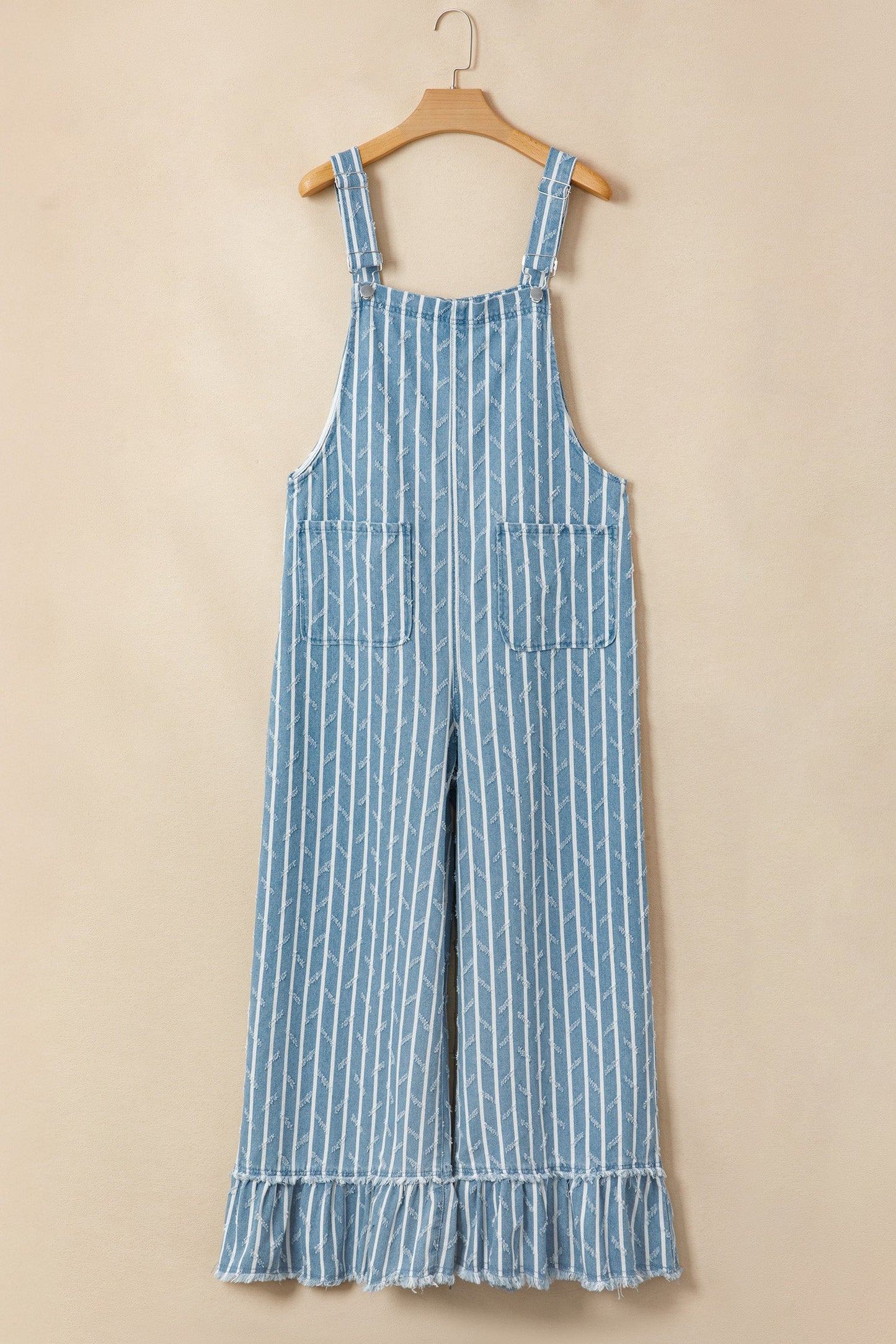 Stripe Distressed Denim Ruffle Wide Leg Overalls