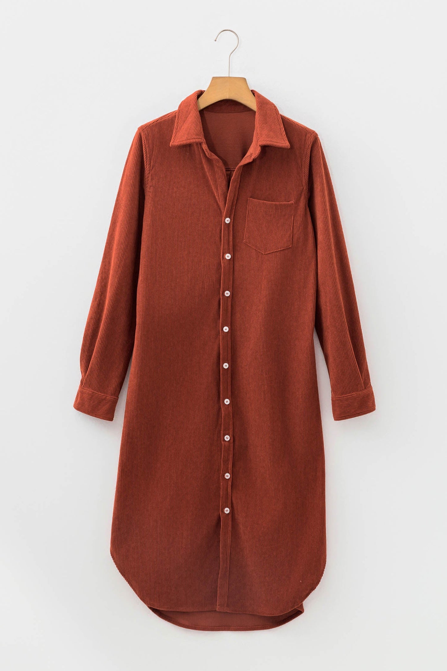Solid Corduroy Button Front Long Sleeve Midi Dress
