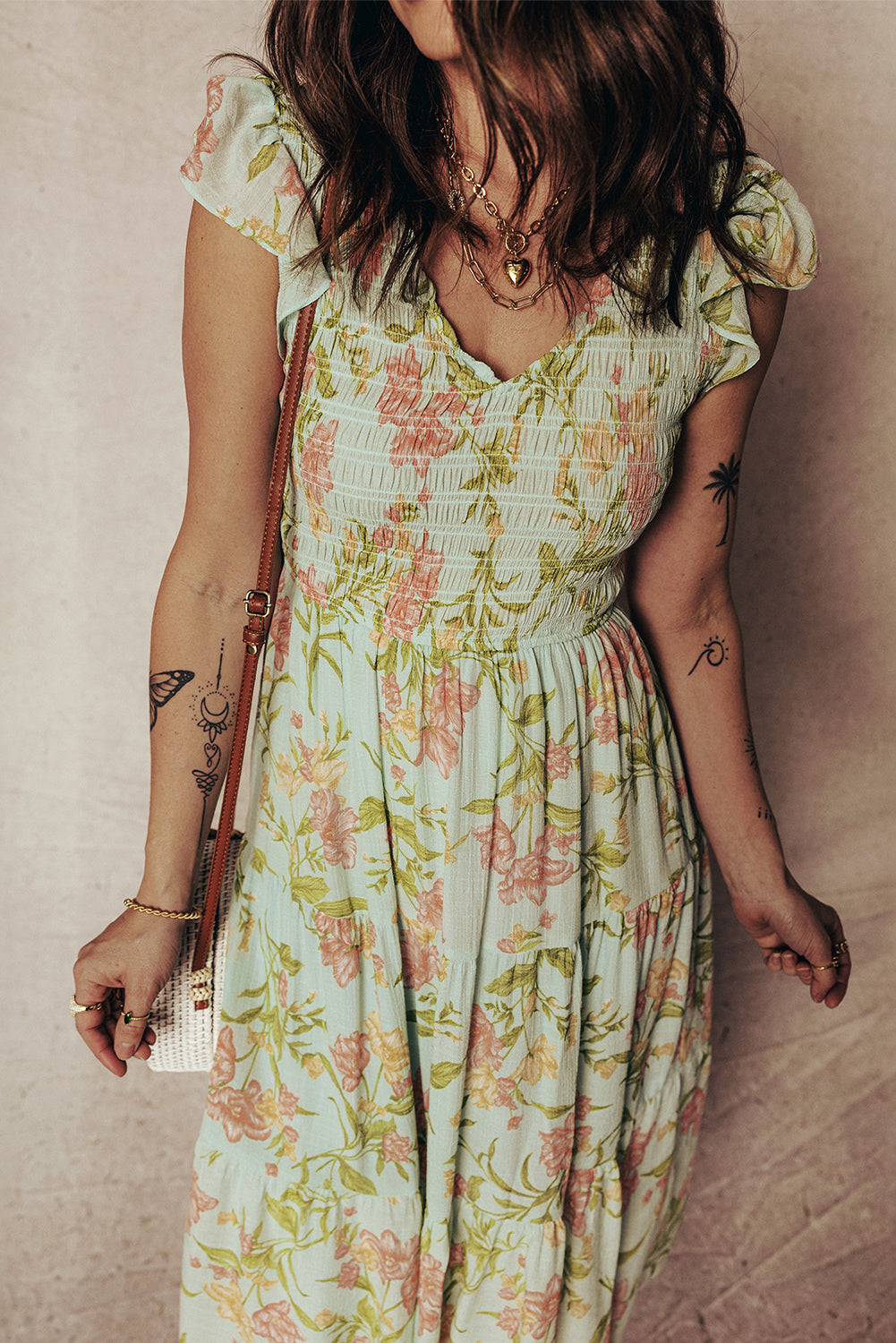 Floral Smocked V-Neck Ruffle Tiered Maxi Dress