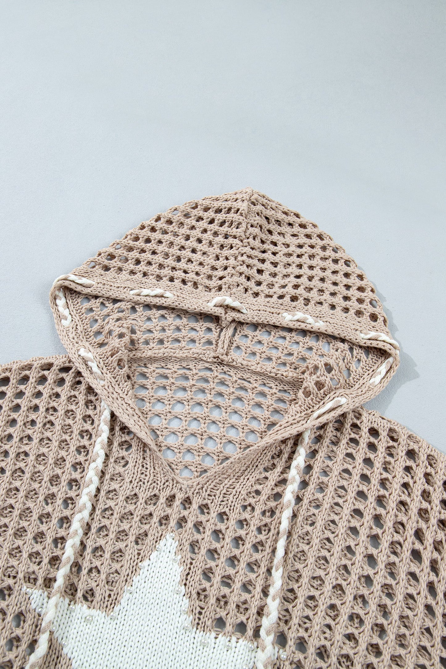 Star Patch Crochet Drawstring Hoodie Sweater