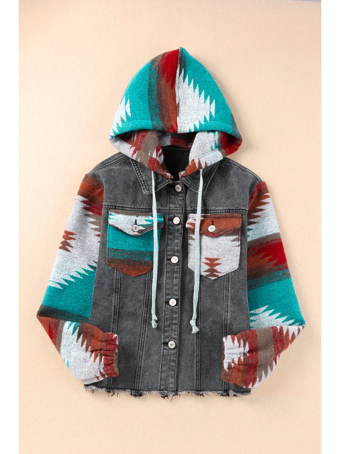 Women Drawstring Hooded Pocketed Denim Jacket