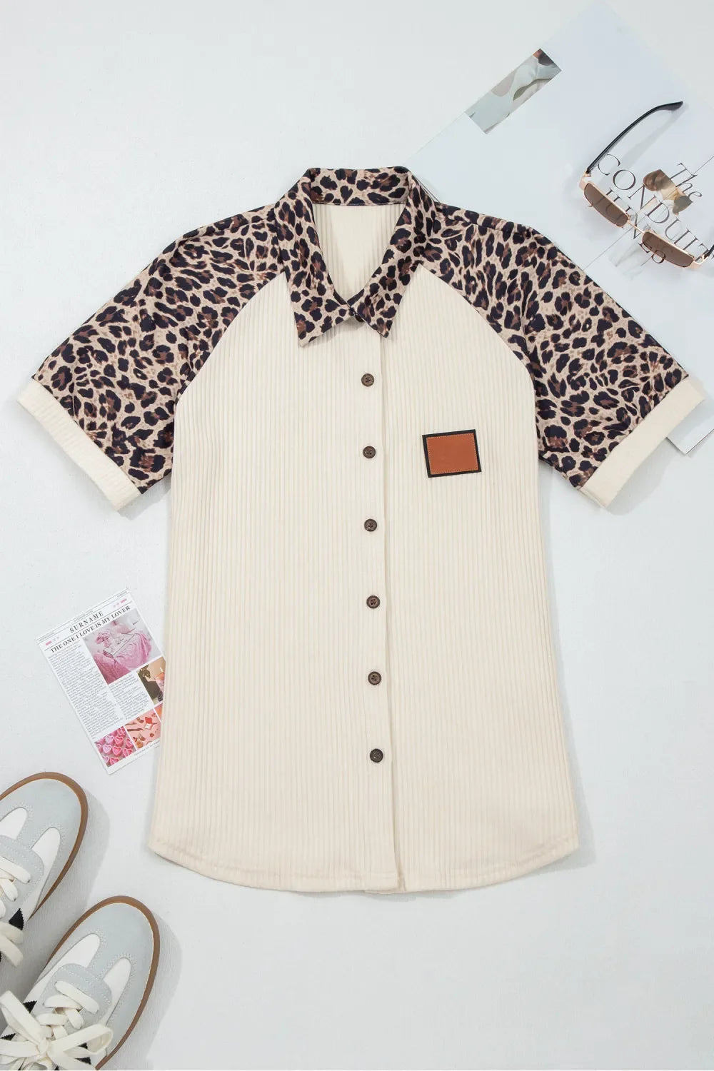 Leopard Patchwork Ribbed Button Down Shirt