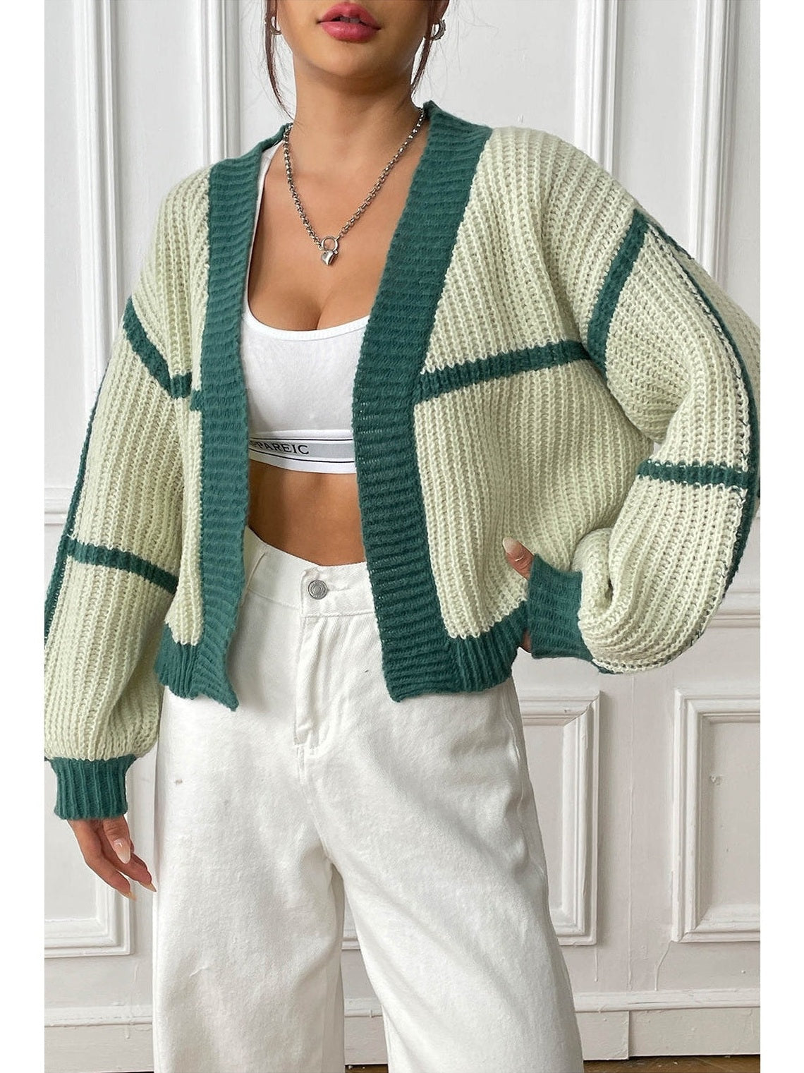 Women Contrast Open Front Long Sleeve Cardigan