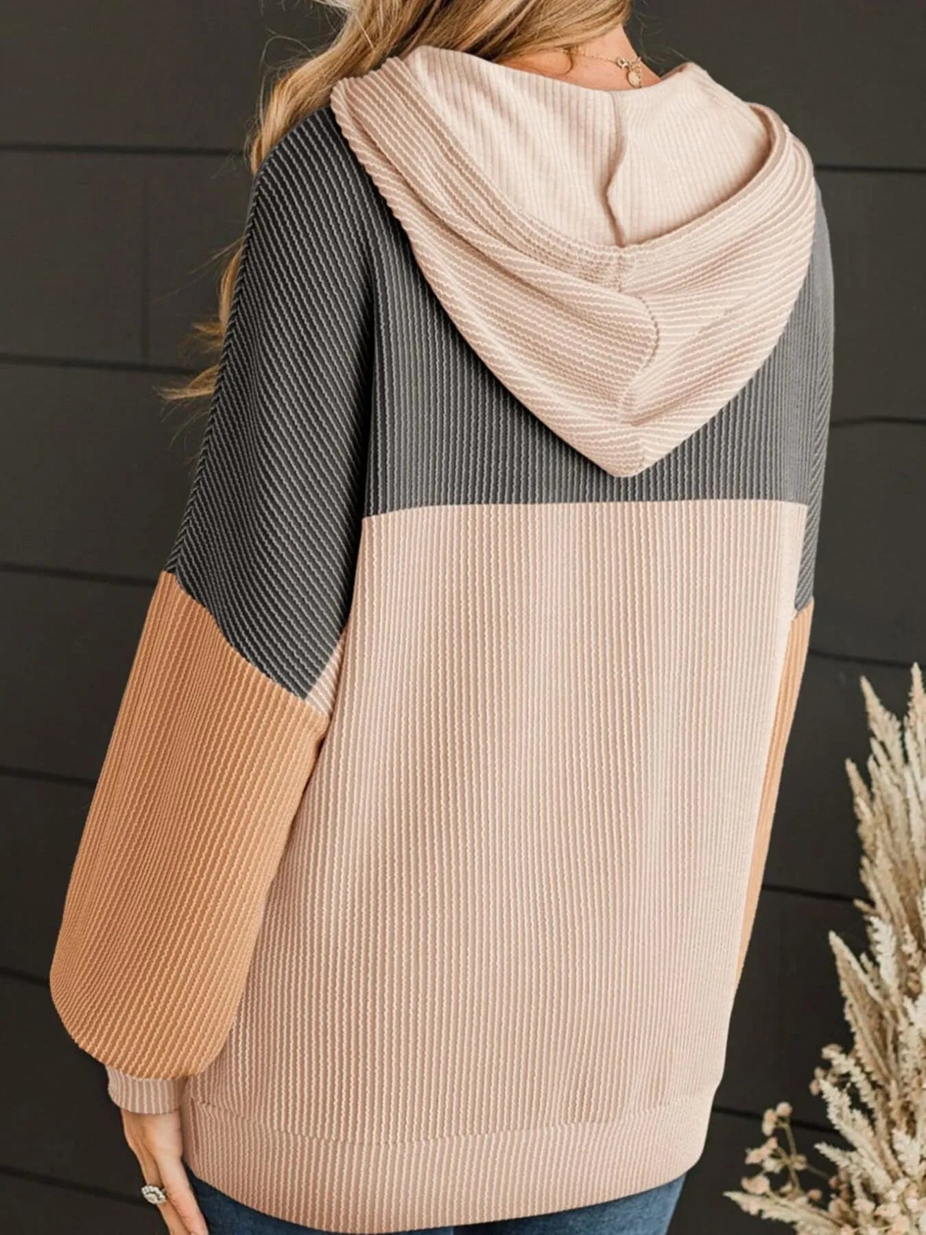 Women Drawstring Color Block Long Sleeve Hoodie