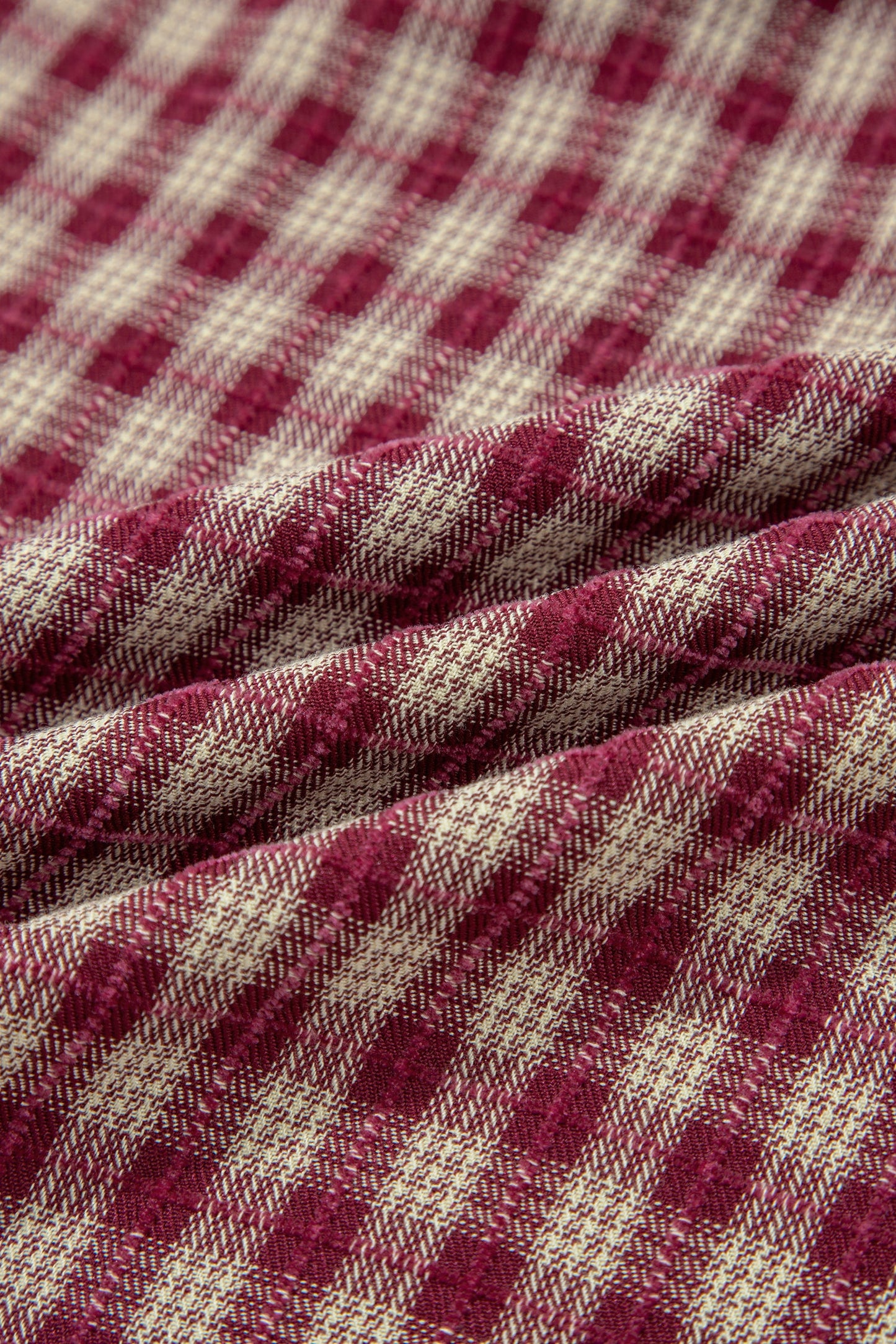 Plaid Button Keyhole Pleated Long Sleeve Blouse