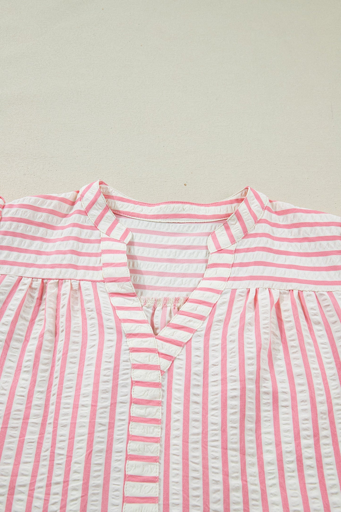 Floral Stripe Embroidered Puff Sleeve V-Neck Blouse