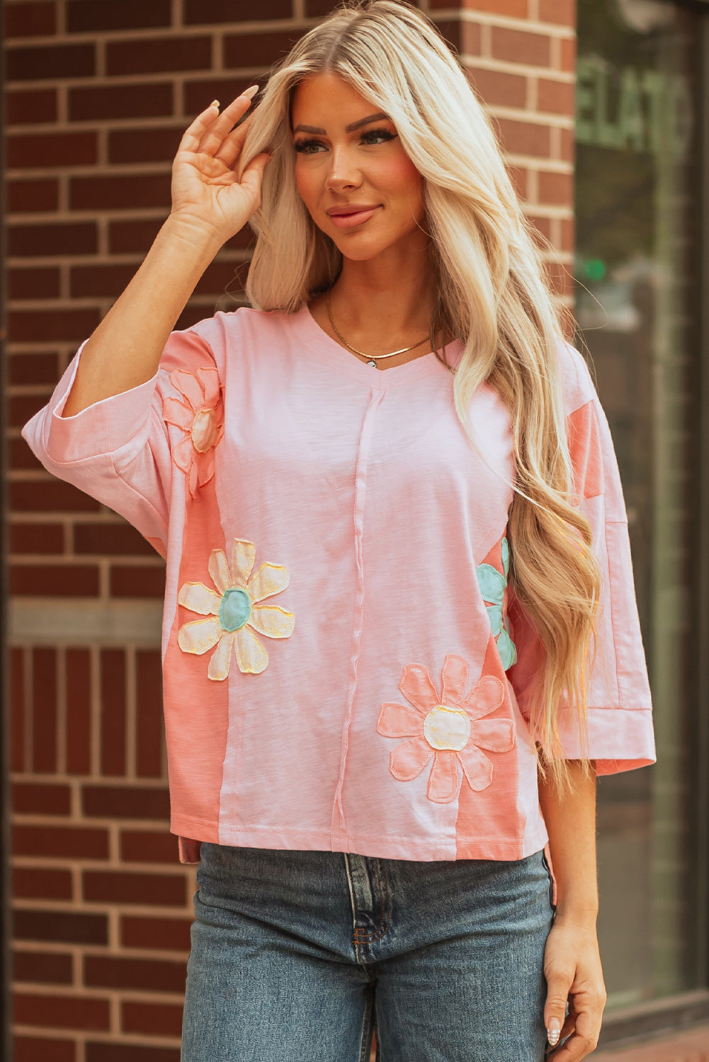 Flower Patch Exposed Seam 3/4 Sleeve T-Shirt