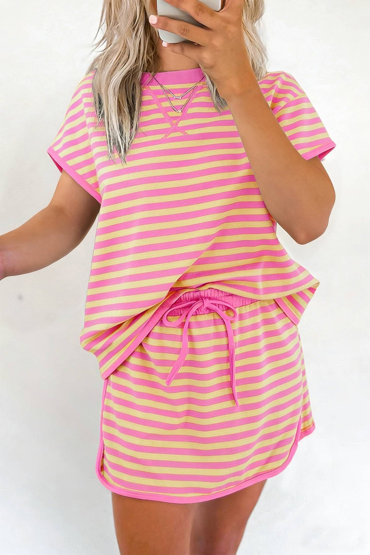 Stripe Contrast Trim Short Sleeve Top & Skirt Set